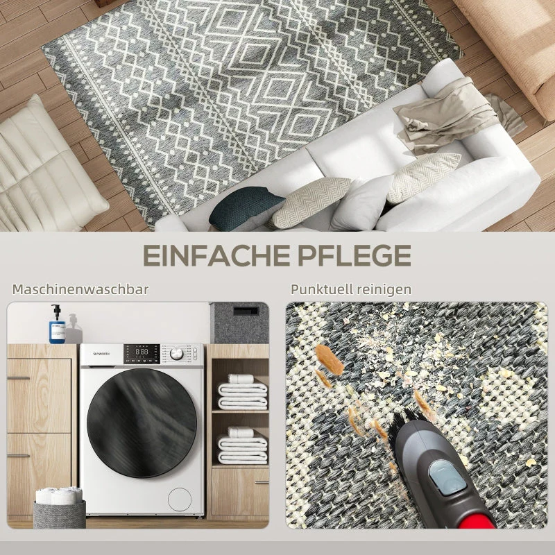Rug Flat Weave Washable Anti-Slip Boho, Grey - Image 6
