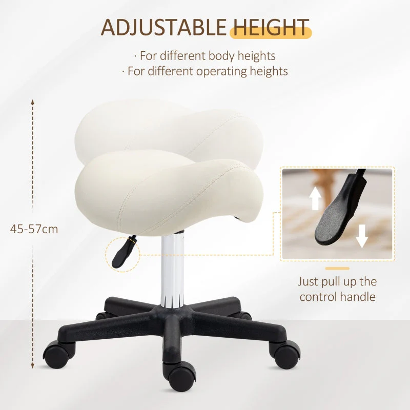 Saddle Stool Adjustable Rolling Salon Chair Steel Frame, PU Leather White - Image 4