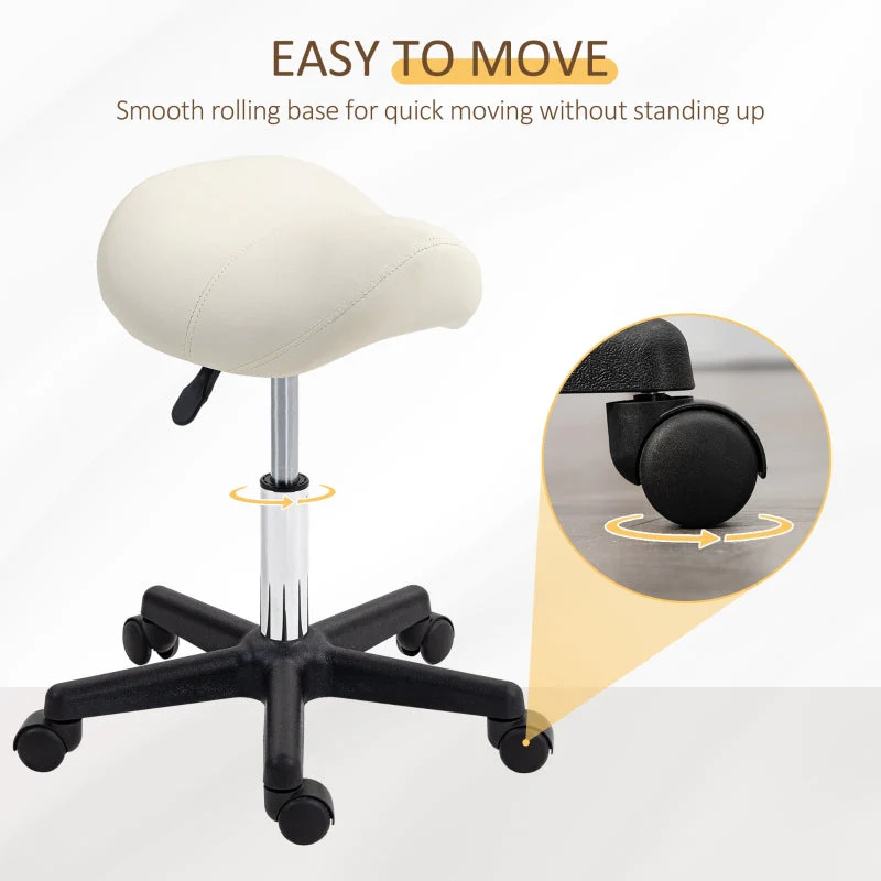 Saddle Stool Adjustable Rolling Salon Chair Steel Frame, PU Leather White - Image 5