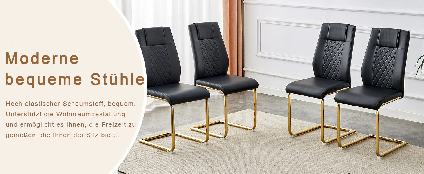 Scandinavian Dining Chairs Set of 4 Mesh Back Gold Metal Legs - Black PU Leather - Image 9