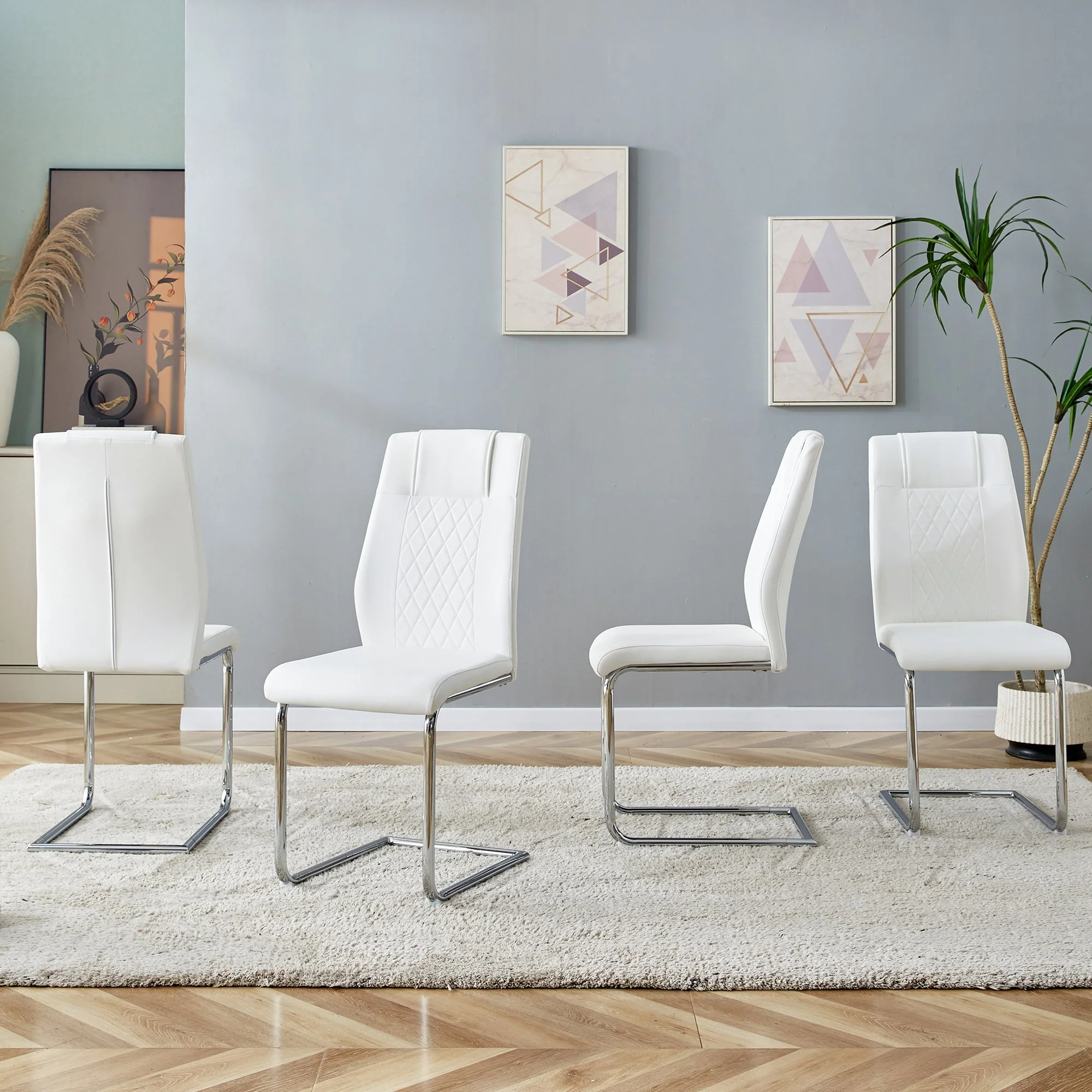 Scandinavian Dining Chairs Set of 4 Mesh Back Metal Legs - White PU - Image 3