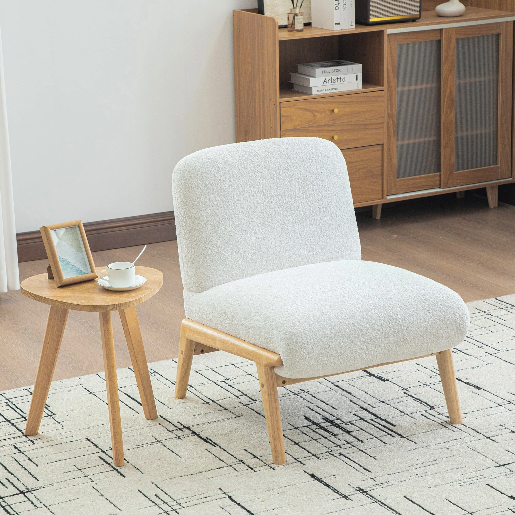 Scandinavian Lounge Chair with Wooden Frame and Soft Chenille Fabric, Ivory - Image 3