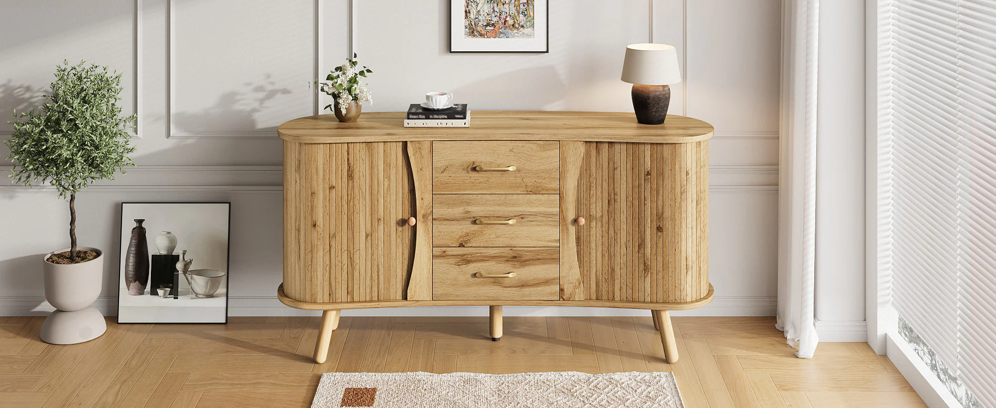 Scandinavian Pea-Shaped Sideboard with 2 Sliding Doors and 3 Drawers, Wood Look MDF - Image 7