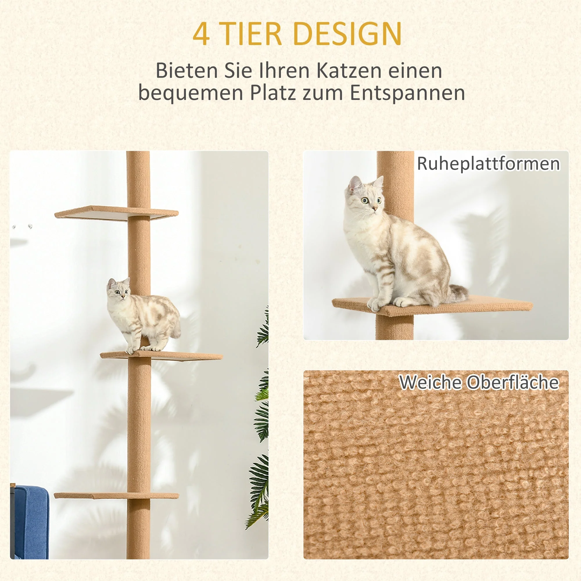 Scratching Post Climbing Tree, Height-Adjustable Play Tree for Cats, Light Brown - Image 6