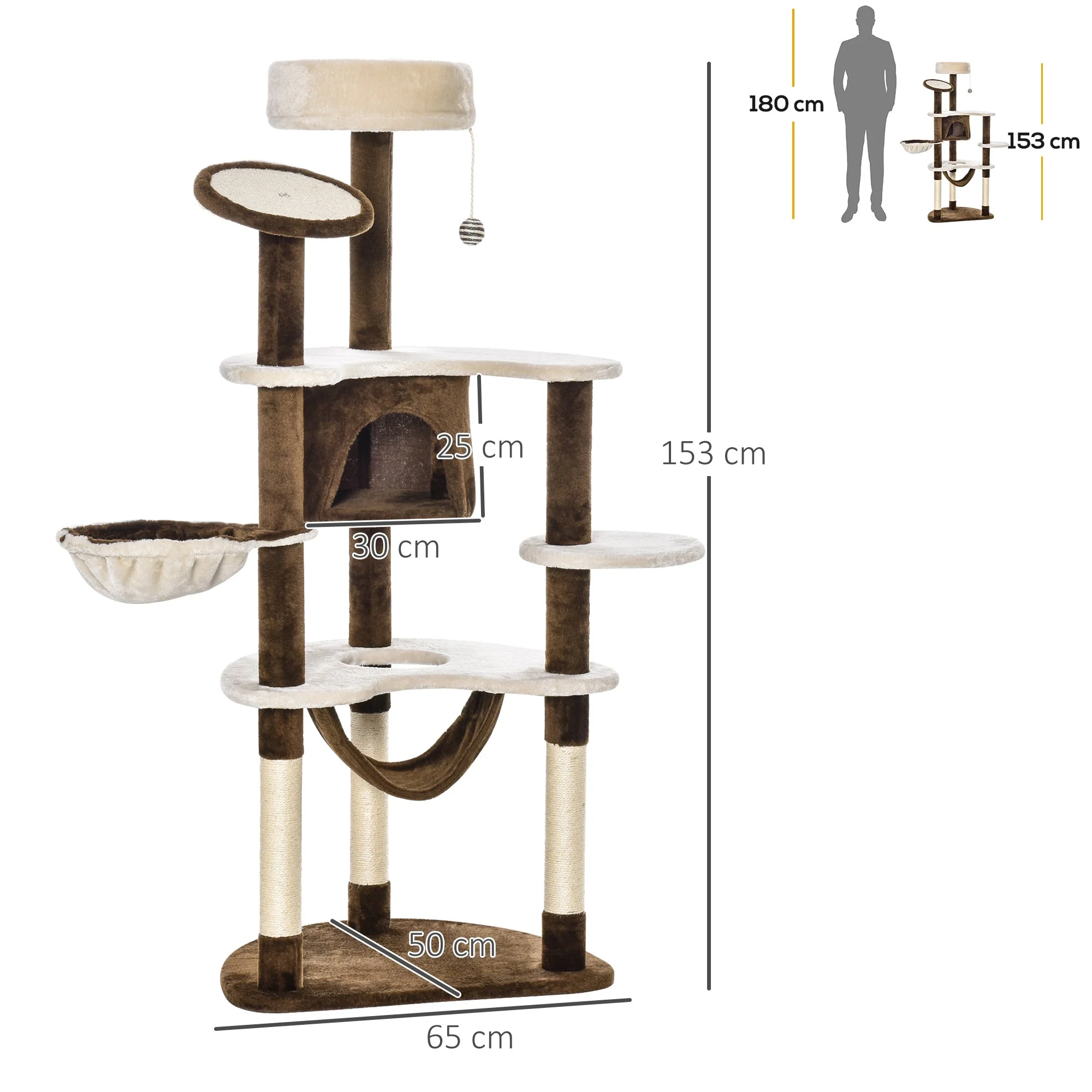 Scratching Post XXL Cat Tree 153cm Hammock Plush Brown - Image 3