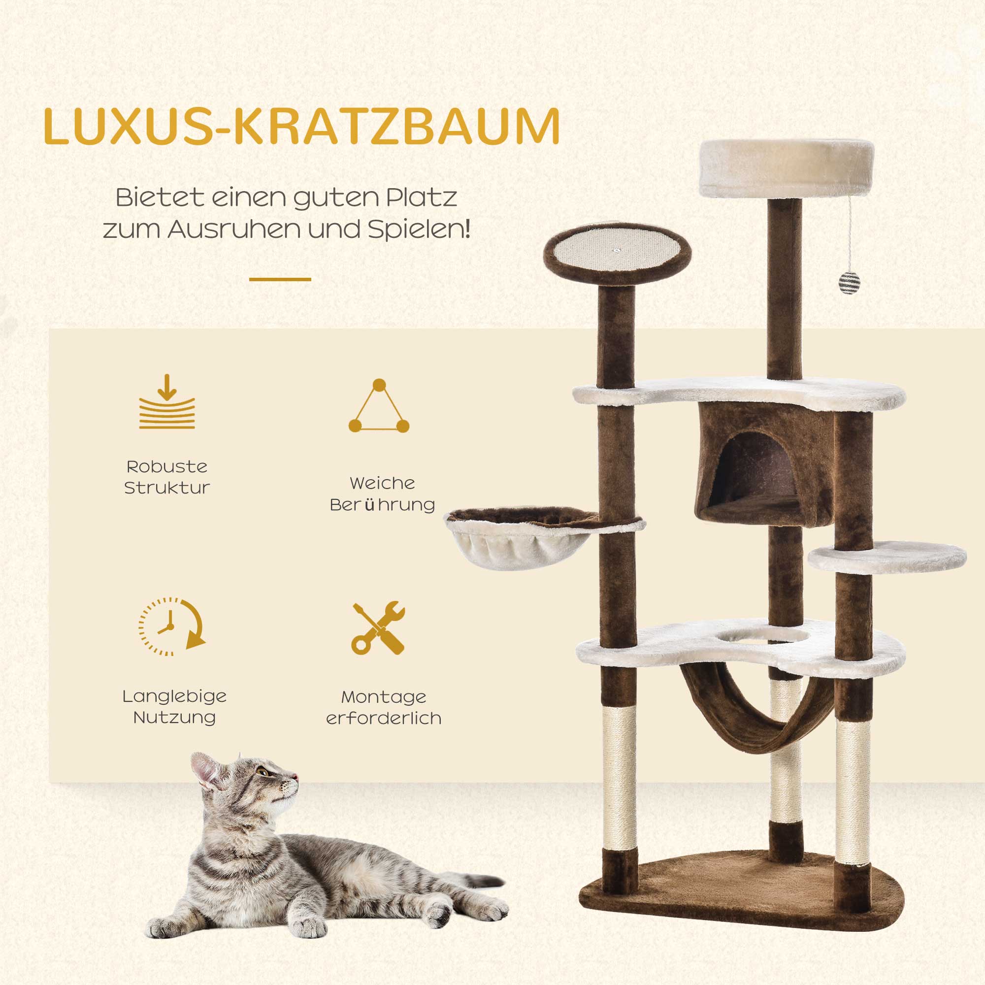Scratching Post XXL Cat Tree 153cm Hammock Plush Brown - Image 4