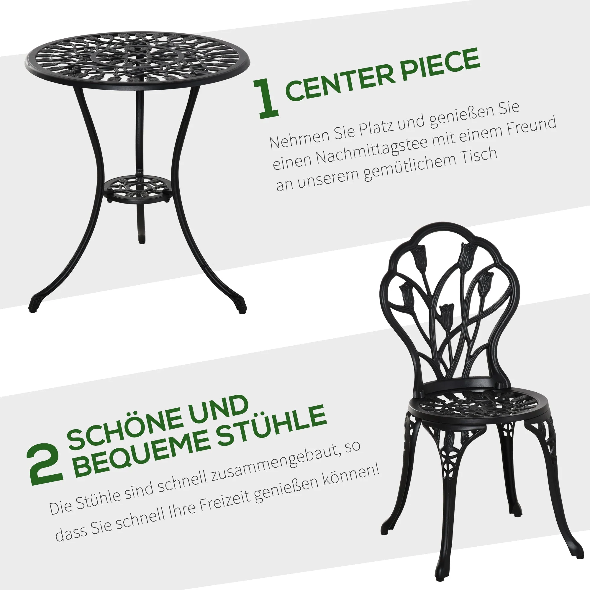 Seating Group Dining Set Table & 2 Chairs - 2 Person Garden/Balcony - Black Aluminum - Image 4