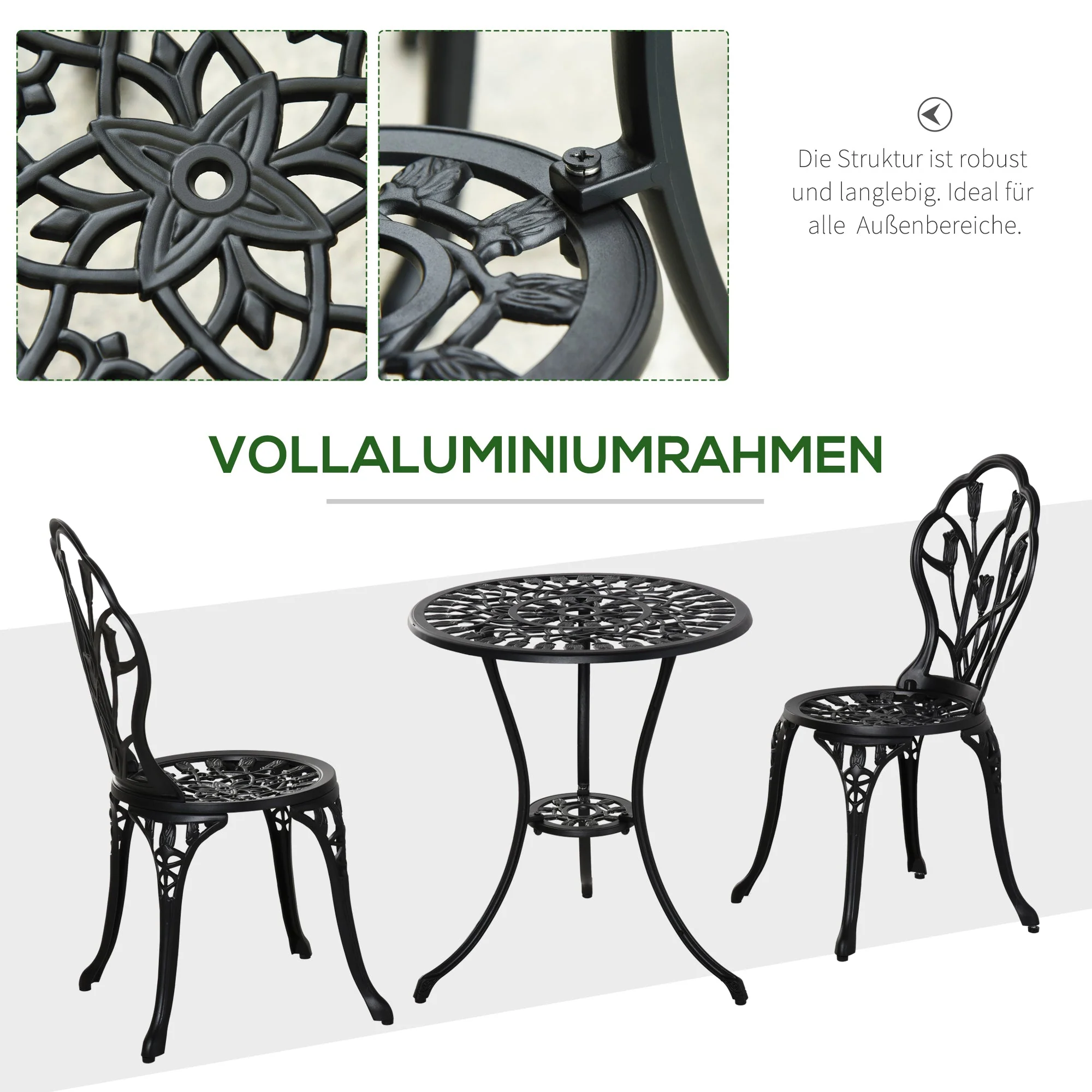 Seating Group Dining Set Table & 2 Chairs - 2 Person Garden/Balcony - Black Aluminum - Image 5