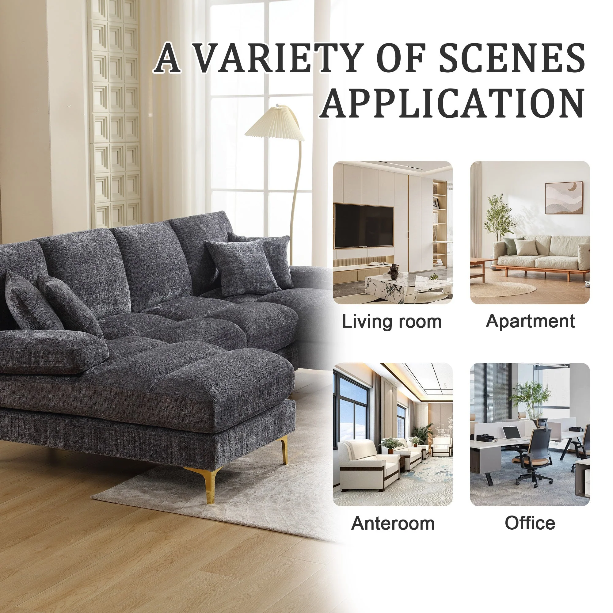 Sectional Couches by GOMYWAY, Modular U-Shaped with Double Chaise, Chenille Fabric - Image 4