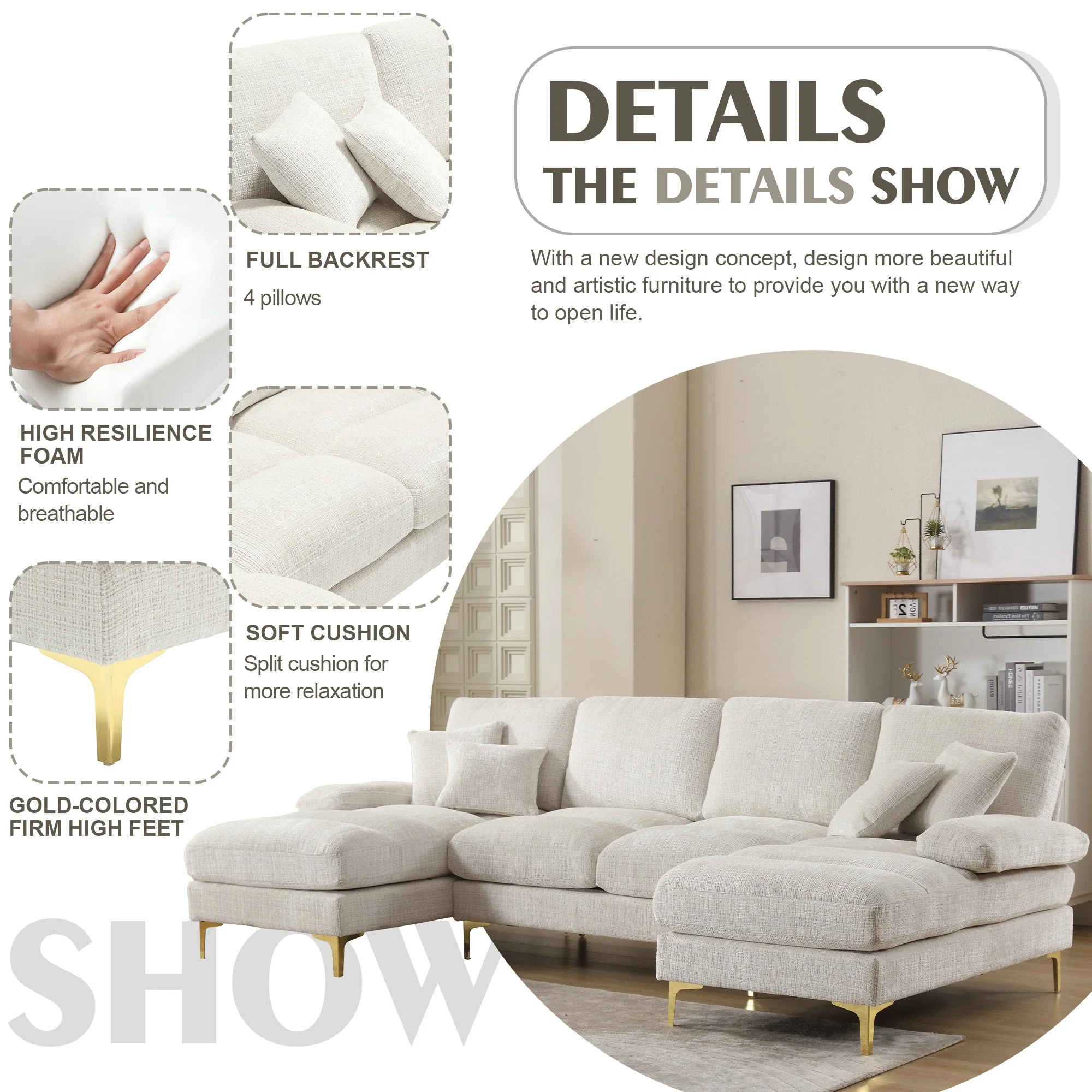 Sectional Couches for Living Room U-Shaped Modular Sofa with Double Chaise Chenille Fabric - Image 2