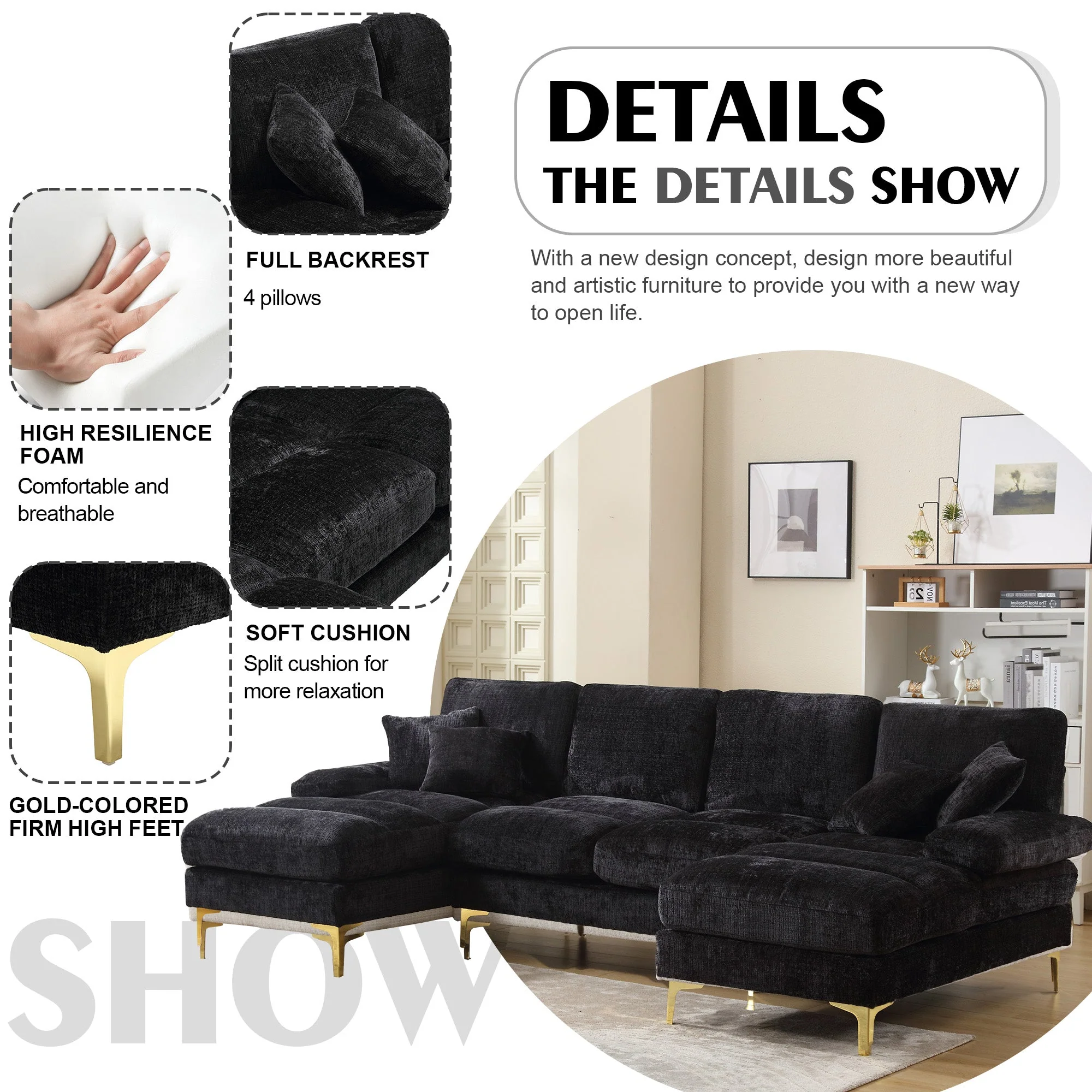 Sectional Couches GOMYWAY Modular U-Shaped with Double Chaise for Living Room Chenille Fabric