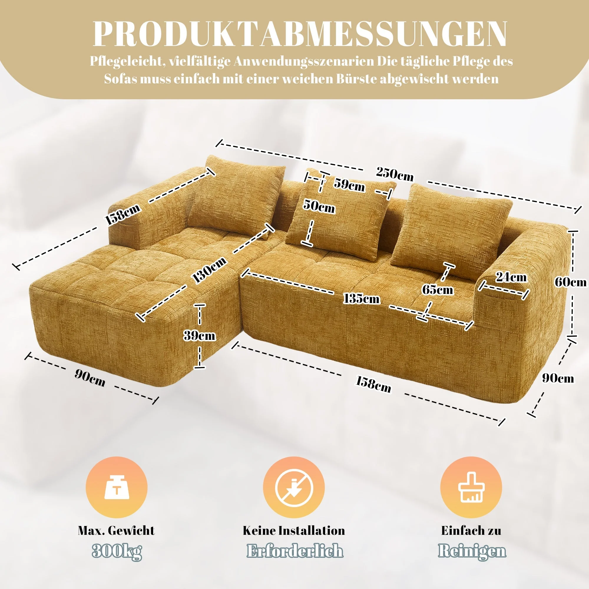 Sectional Sofa L-Shaped 3-Seater Chaise No Assembly Chenille Yellow - Image 2