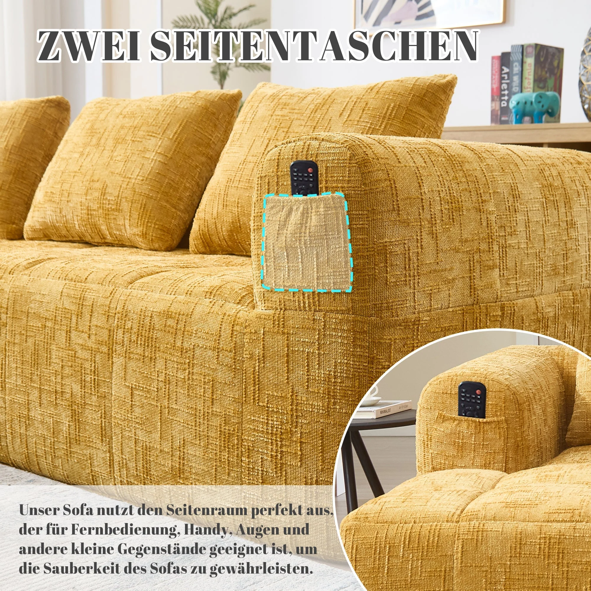 Sectional Sofa L-Shaped 3-Seater Chaise No Assembly Chenille Yellow - Image 5