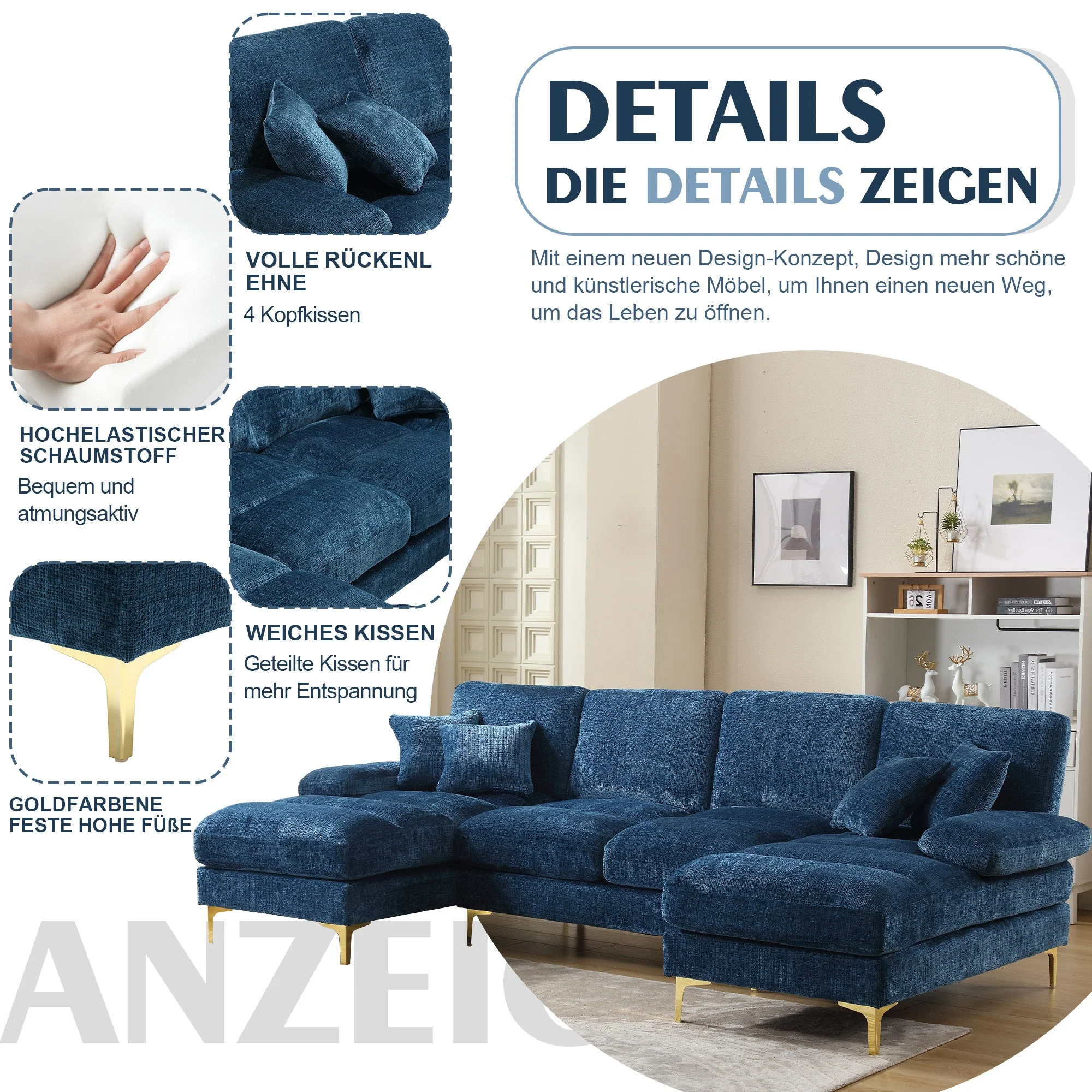 Sectional Sofa, Modern Large U-Shape with Double Reclining Seats, Chenille - Image 4