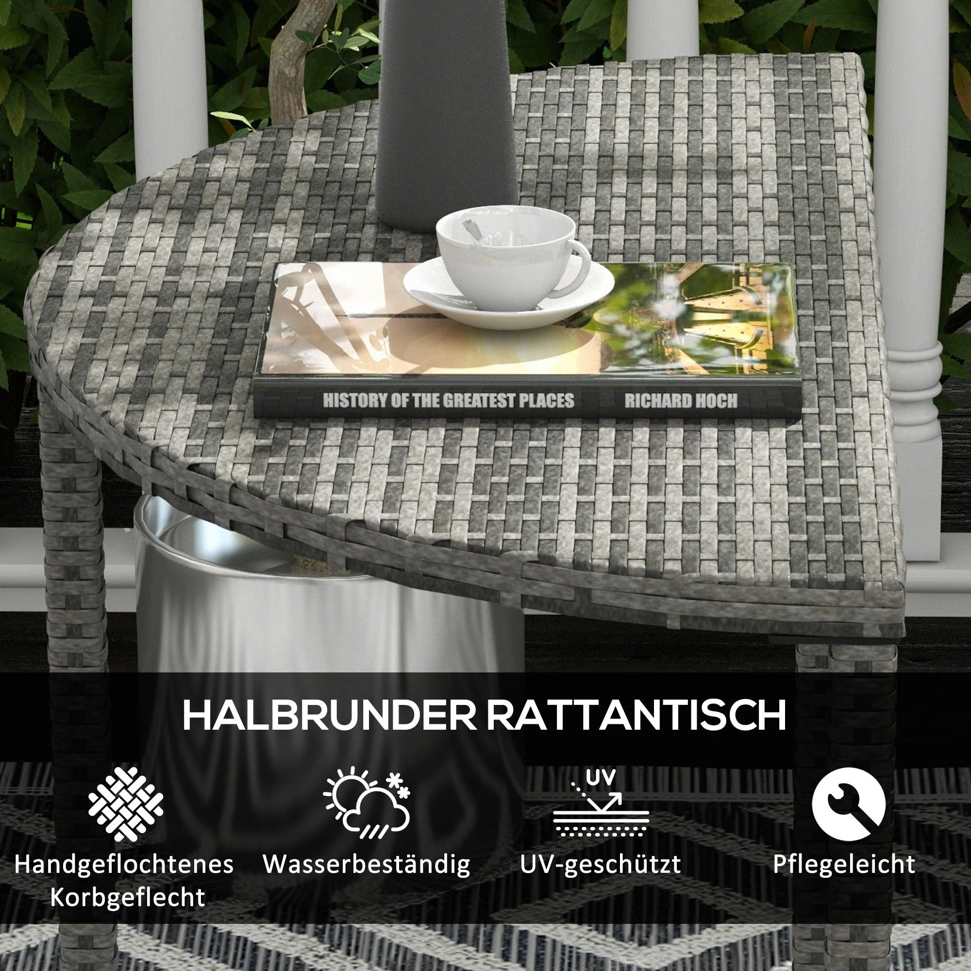 Semi-circular Balcony Table 100 x 50 x 74 cm Polyrattan & Metal, Grey - Image 5