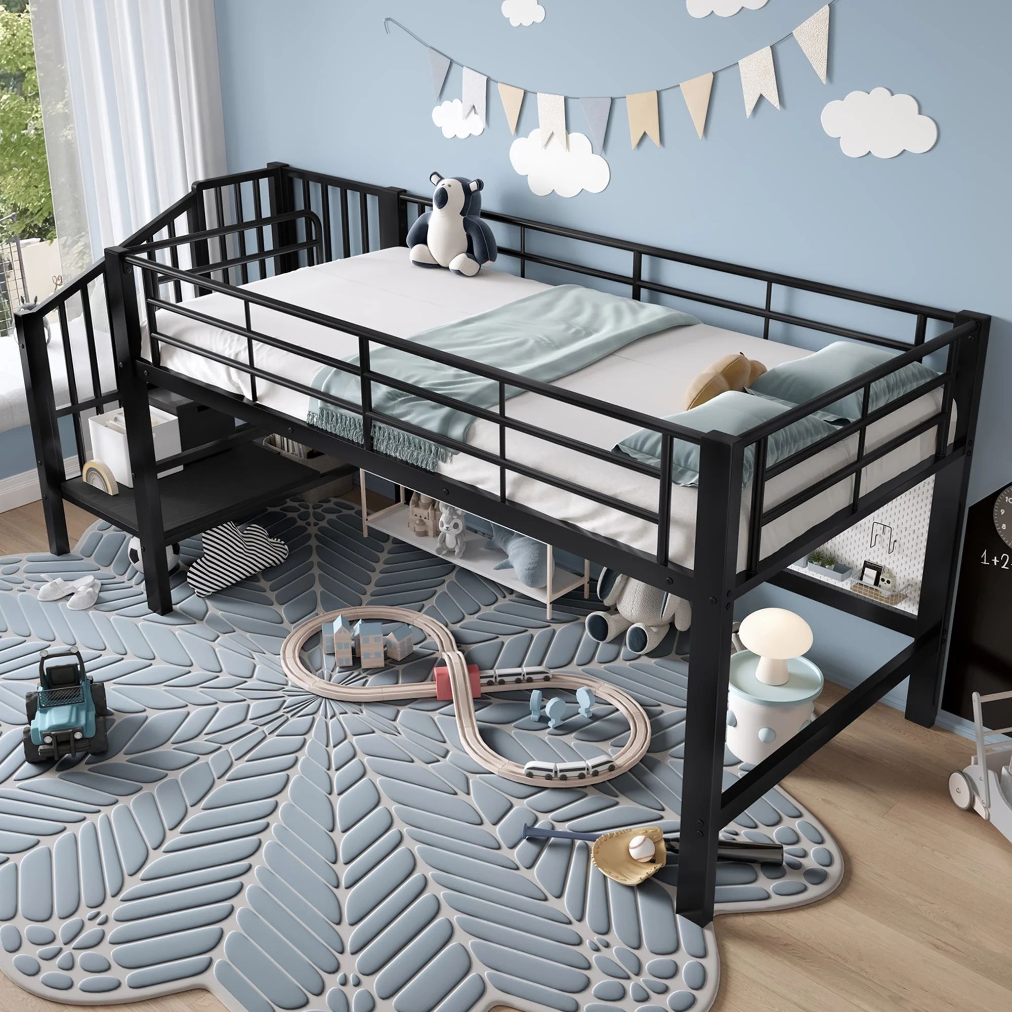 Semi-High Loft Bed 90x200 Storage Stairs Black - Image 3