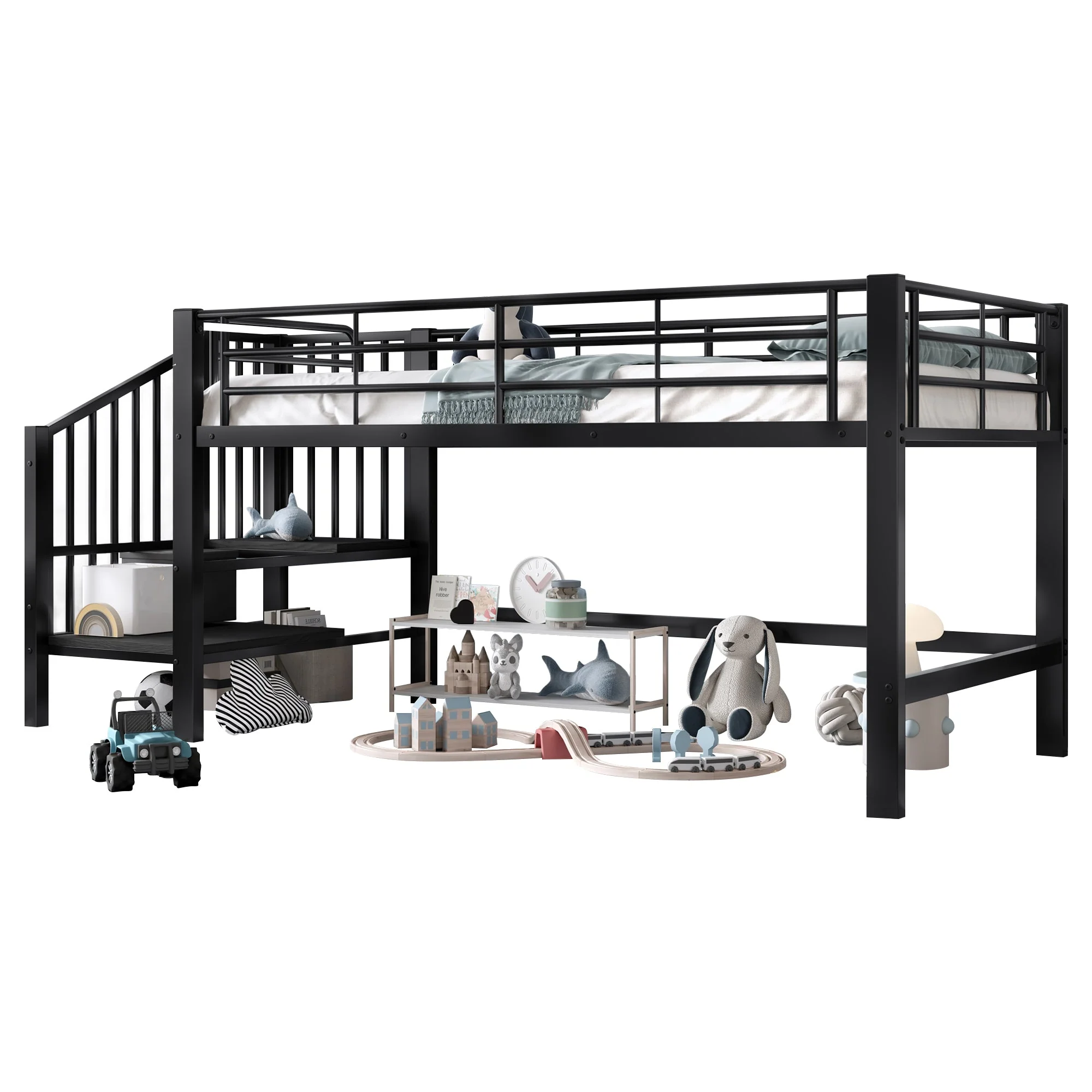 Semi-High Loft Bed 90x200 Storage Stairs Black - Image 5