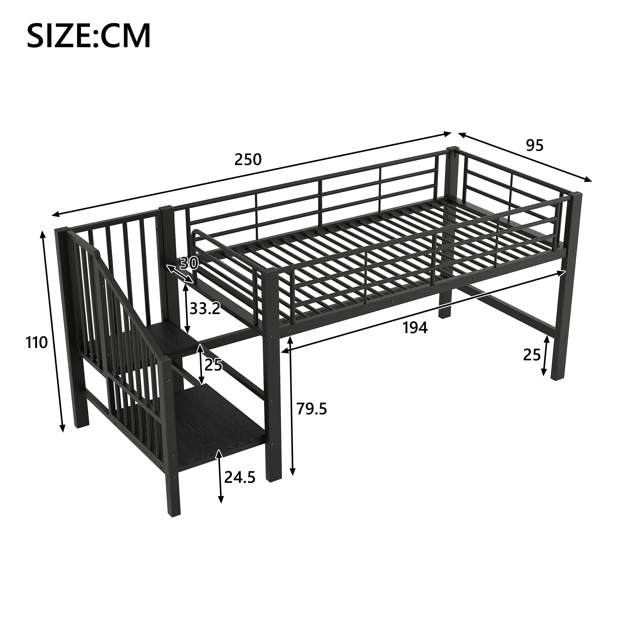 Semi-High Loft Bed 90x200 Storage Stairs Black - Image 6