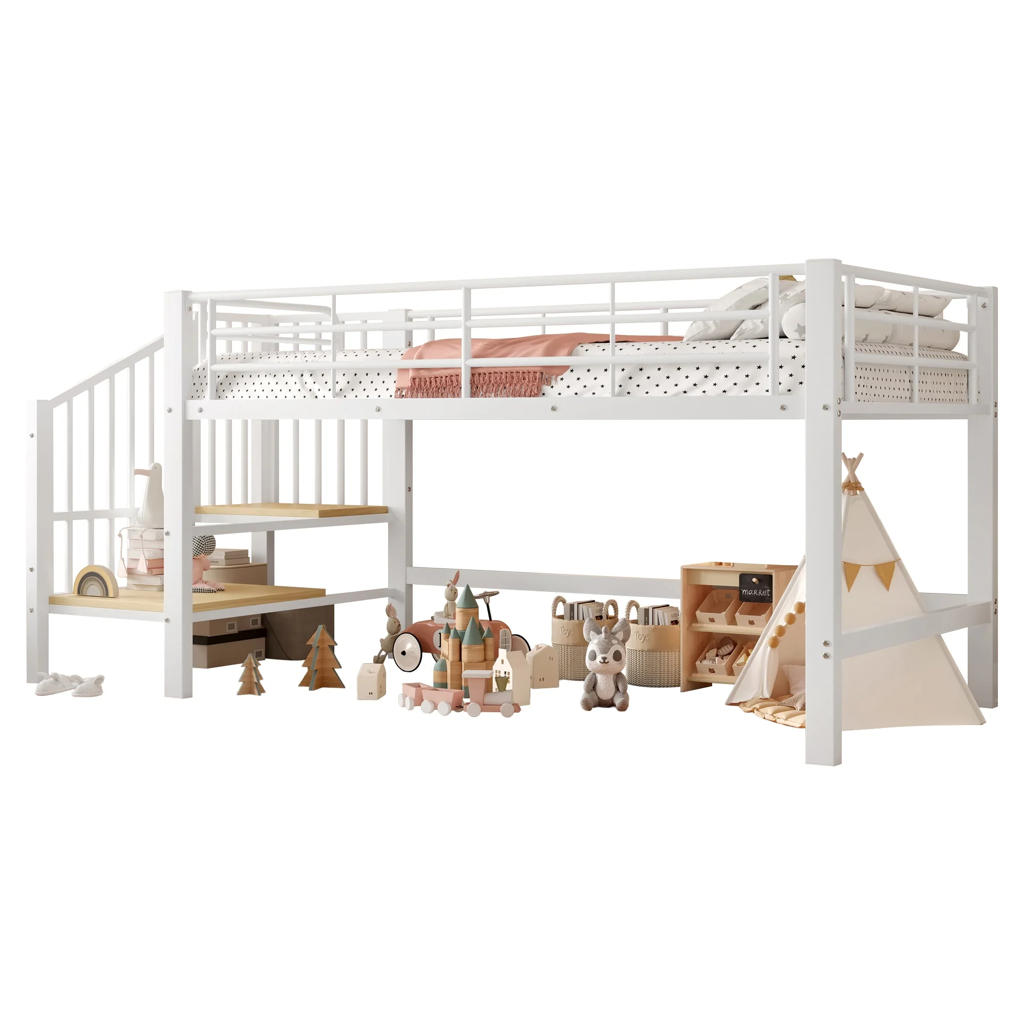 Semi-high Loft Bed 90x200 with Storage Stairs, White - Image 5