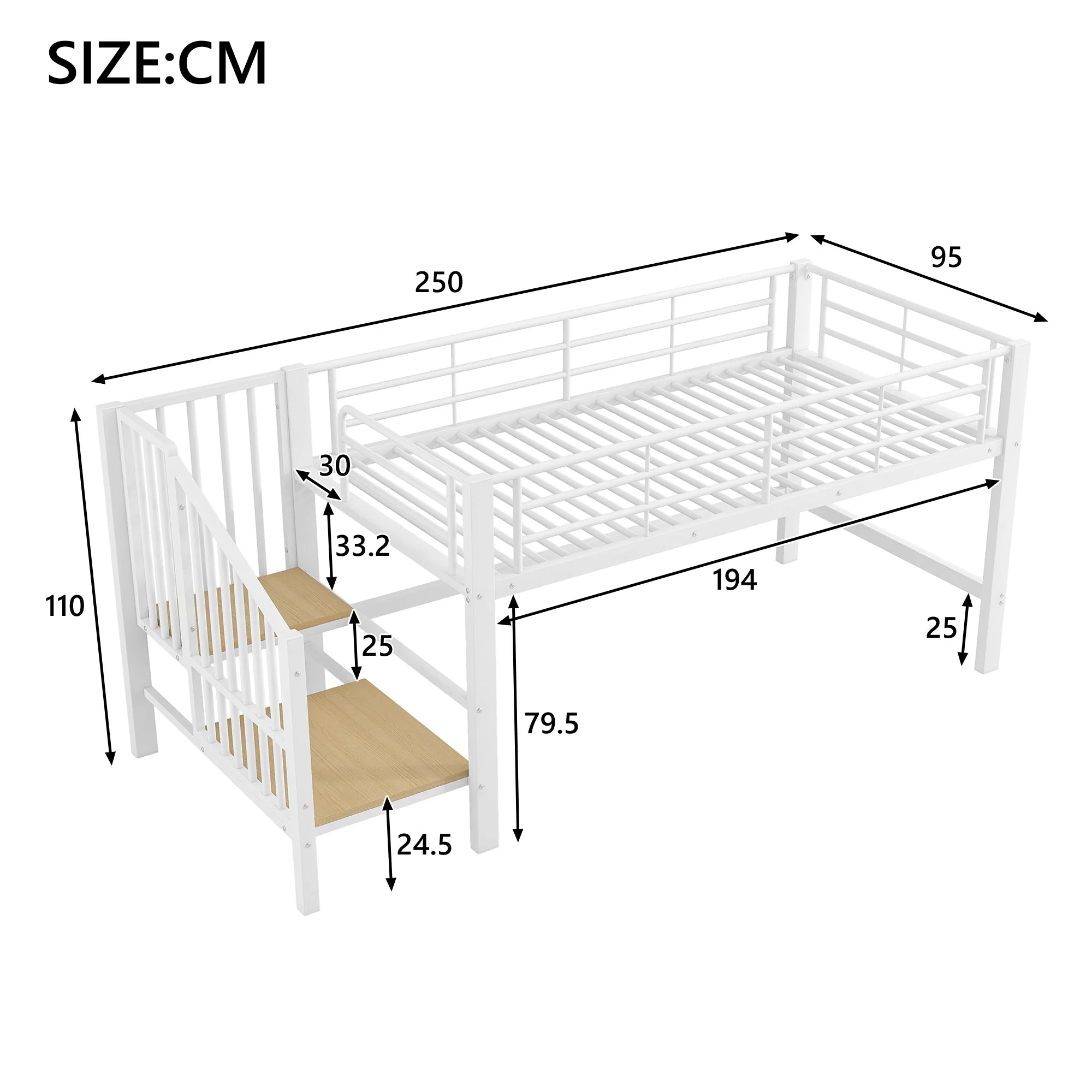 Semi-high Loft Bed 90x200 with Storage Stairs, White - Image 6