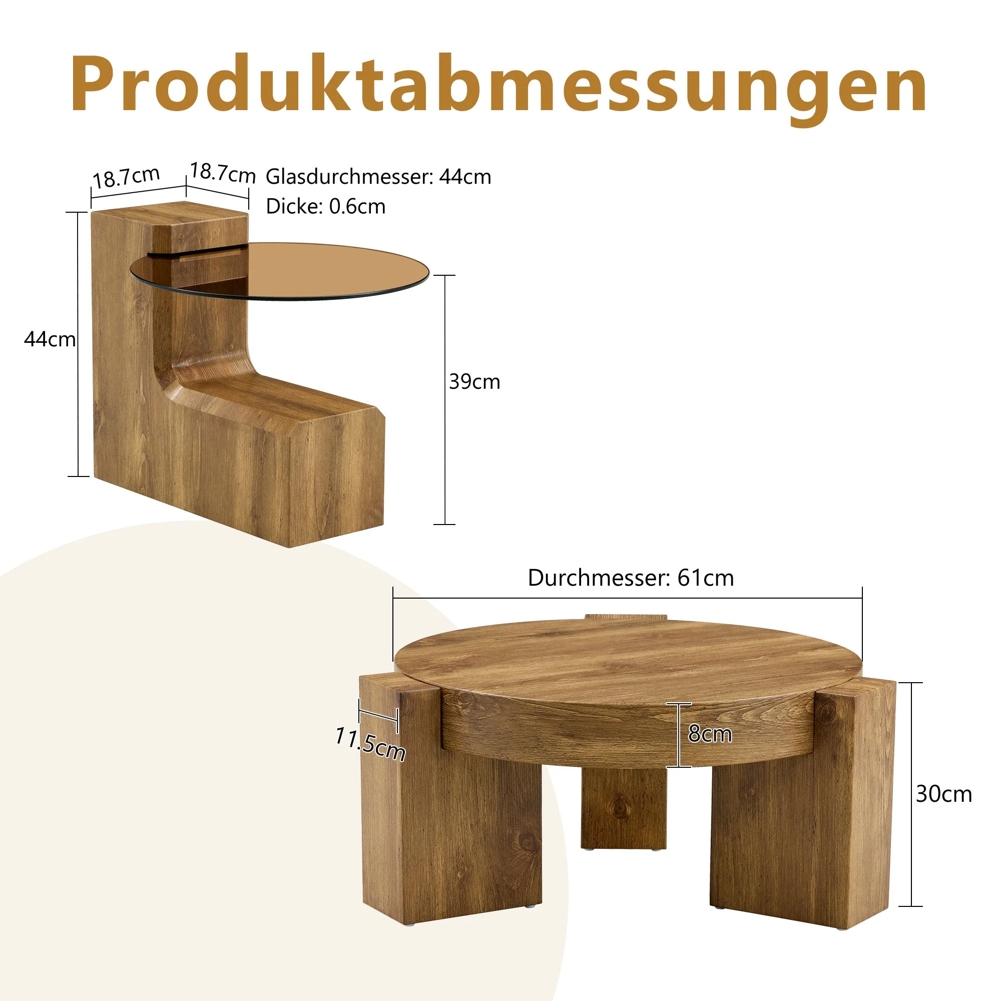 Separable Coffee Table Set MDF Wood Look Safety Glass - Brown Tinted - Image 5