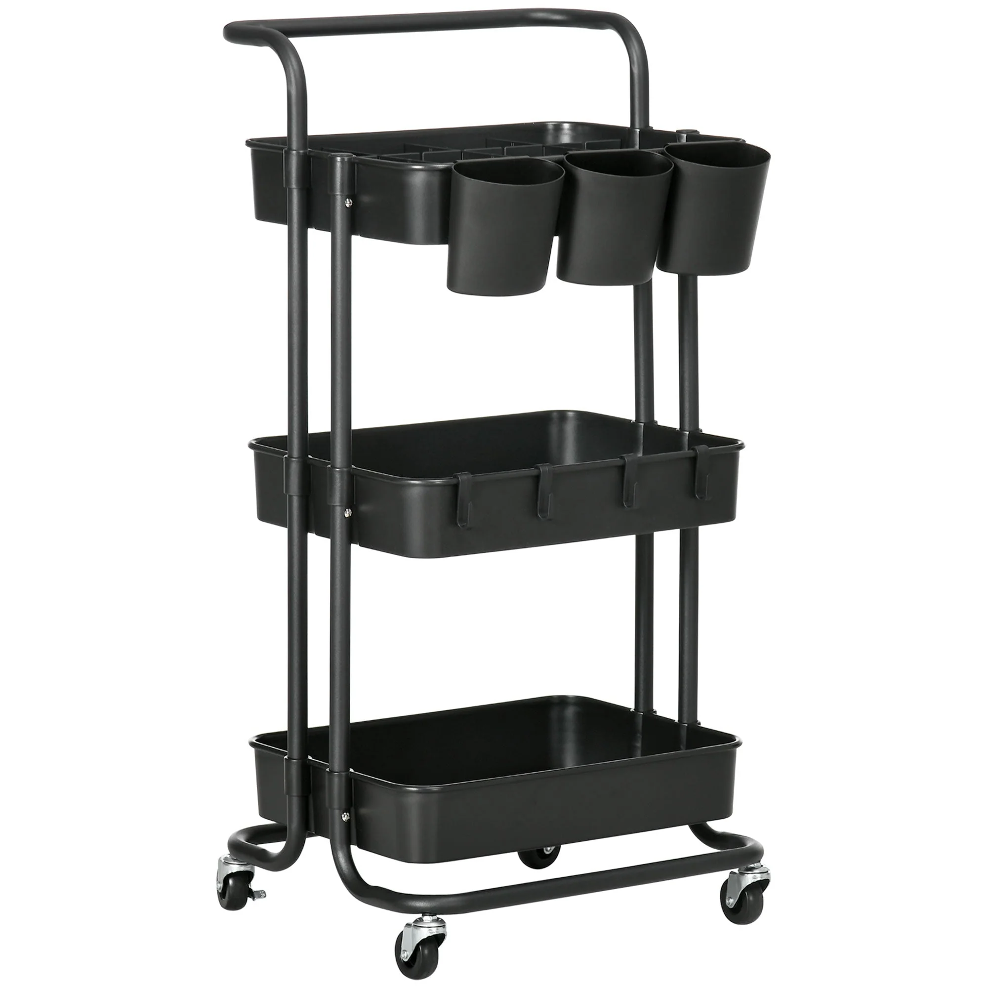 Serving Cart, 3-Tier Storage with Hooks, Steel Black - Image 2