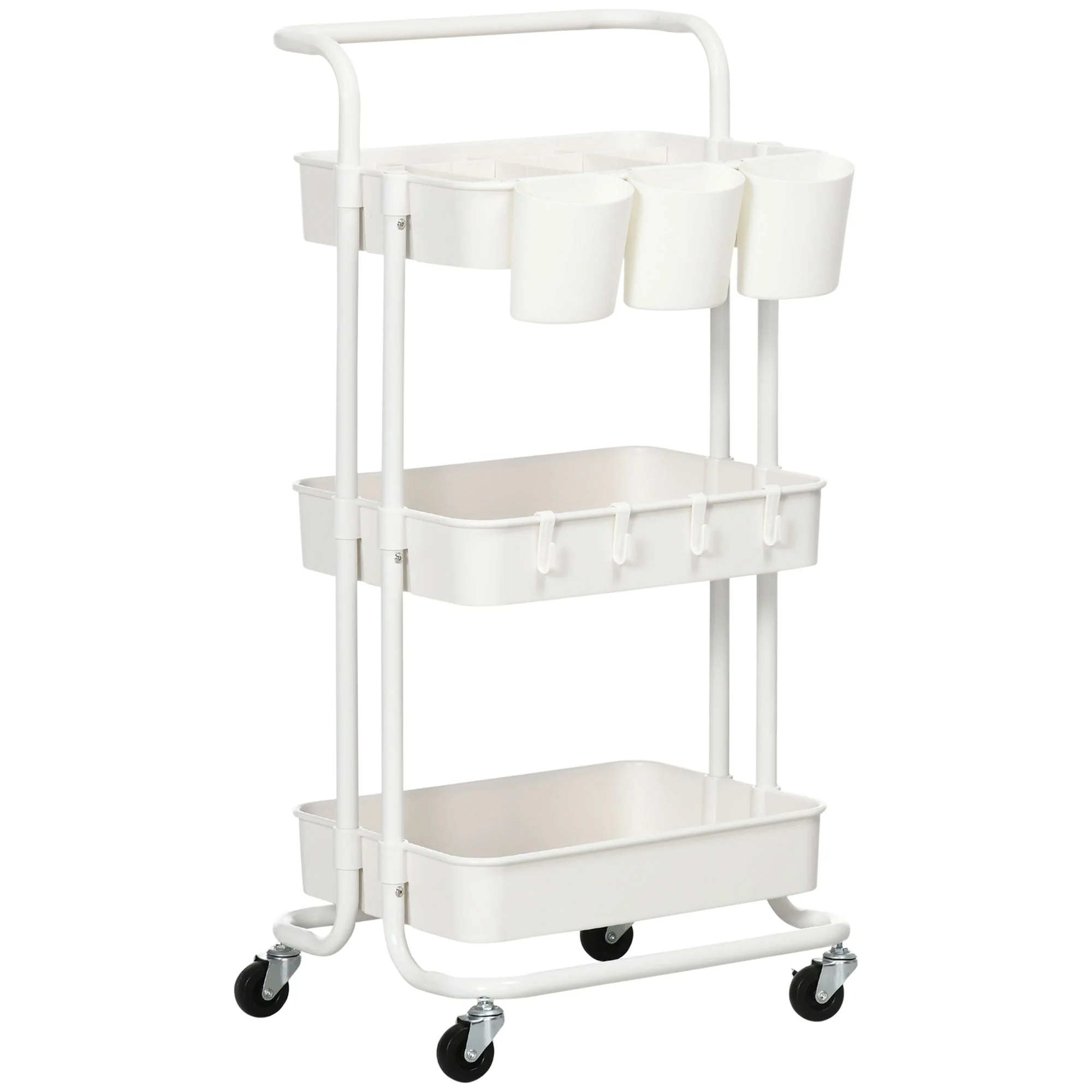 Serving Cart, 3-Tier Storage with Hooks, Steel White - Image 2