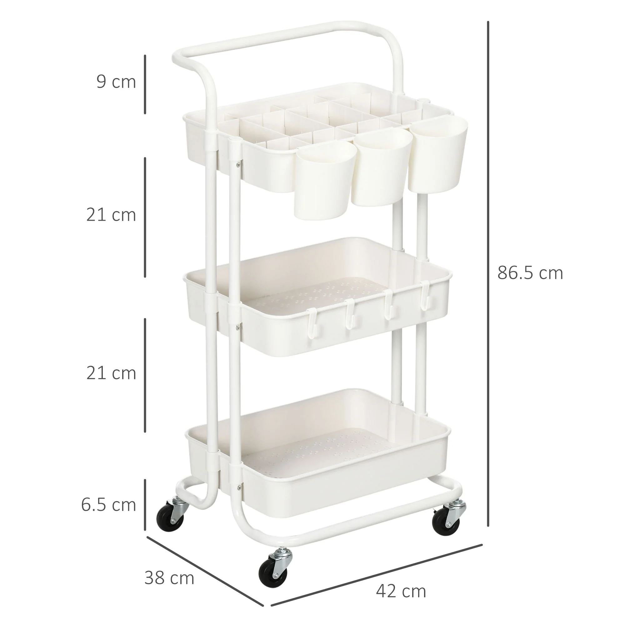 Serving Cart, 3-Tier Storage with Hooks, Steel White - Image 3