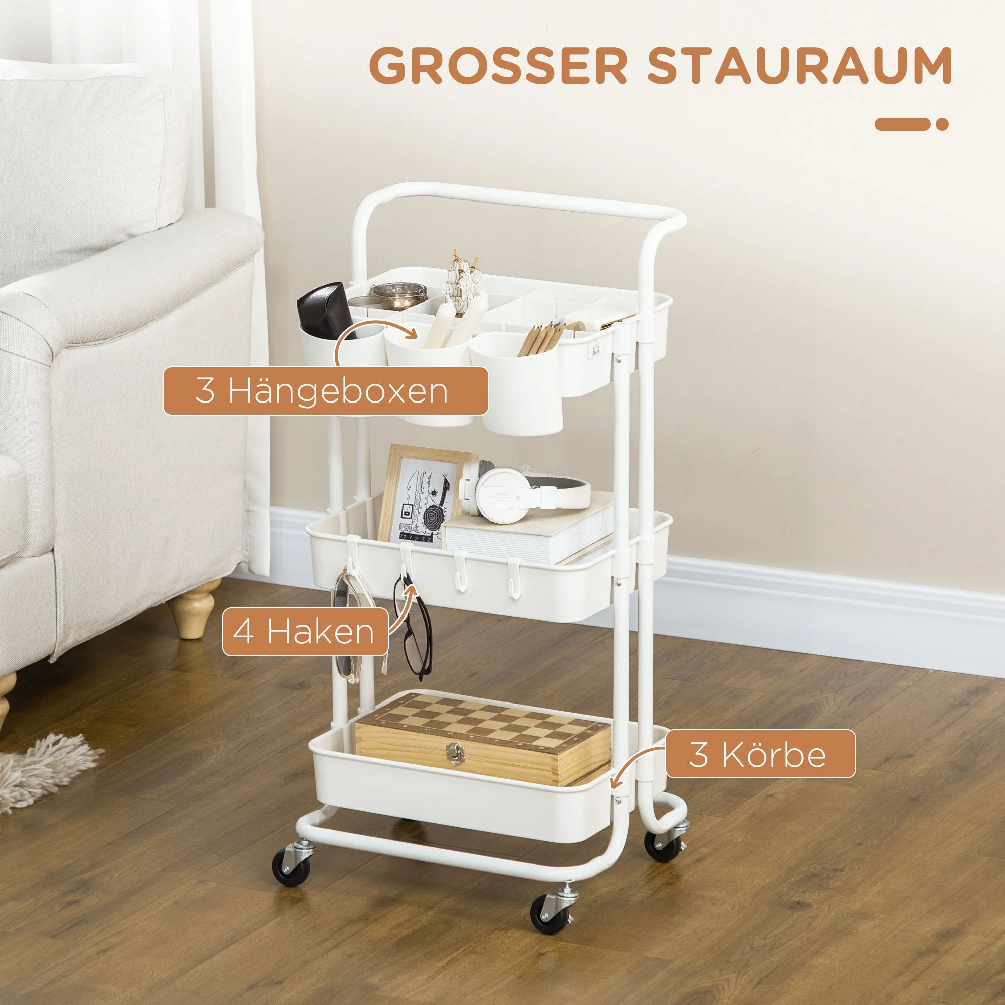 Serving Cart, 3-Tier Storage with Hooks, Steel White - Image 4