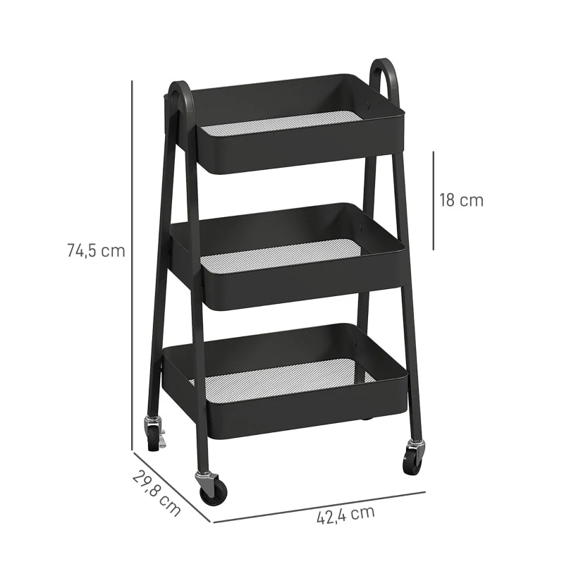 Serving Cart with 3 Levels, Wheels & Brake, Black - Image 3