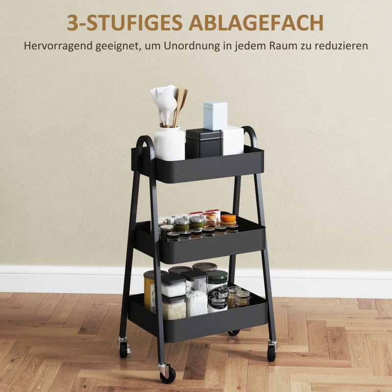 Serving Cart with 3 Levels, Wheels & Brake, Black - Image 4