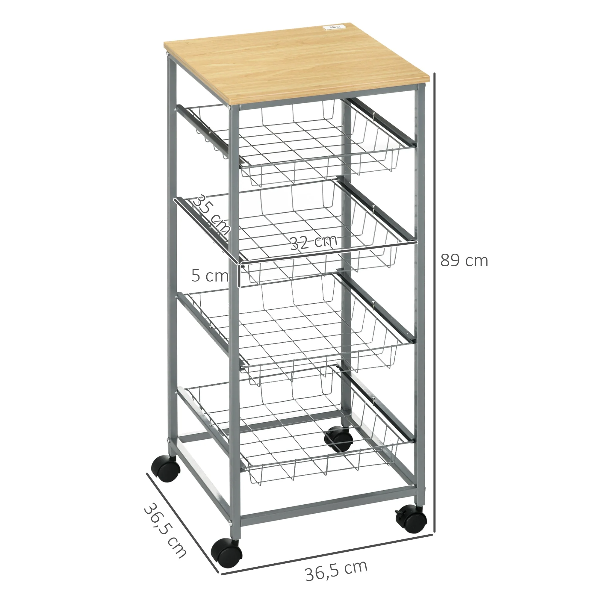 Serving Cart with Metal Baskets, 36.5 x 36.5 x 89 cm, Silver - Image 3