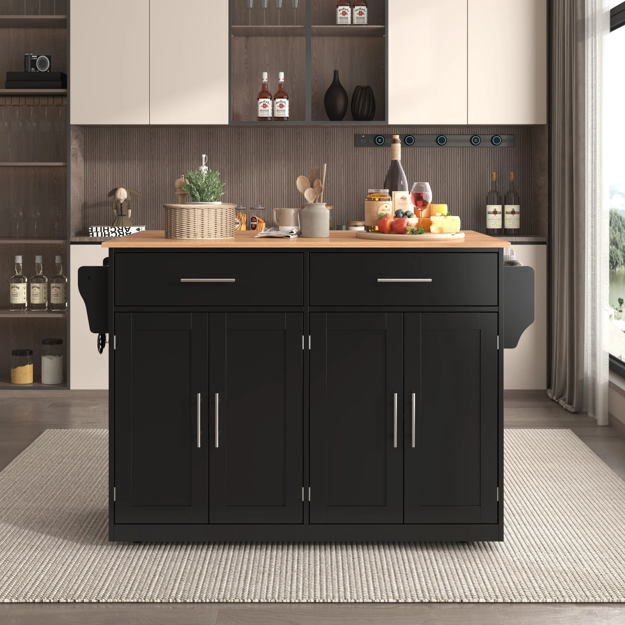 Serving Trolley 120cm Folding Tabletop Casters Wood Legs Black - Image 14