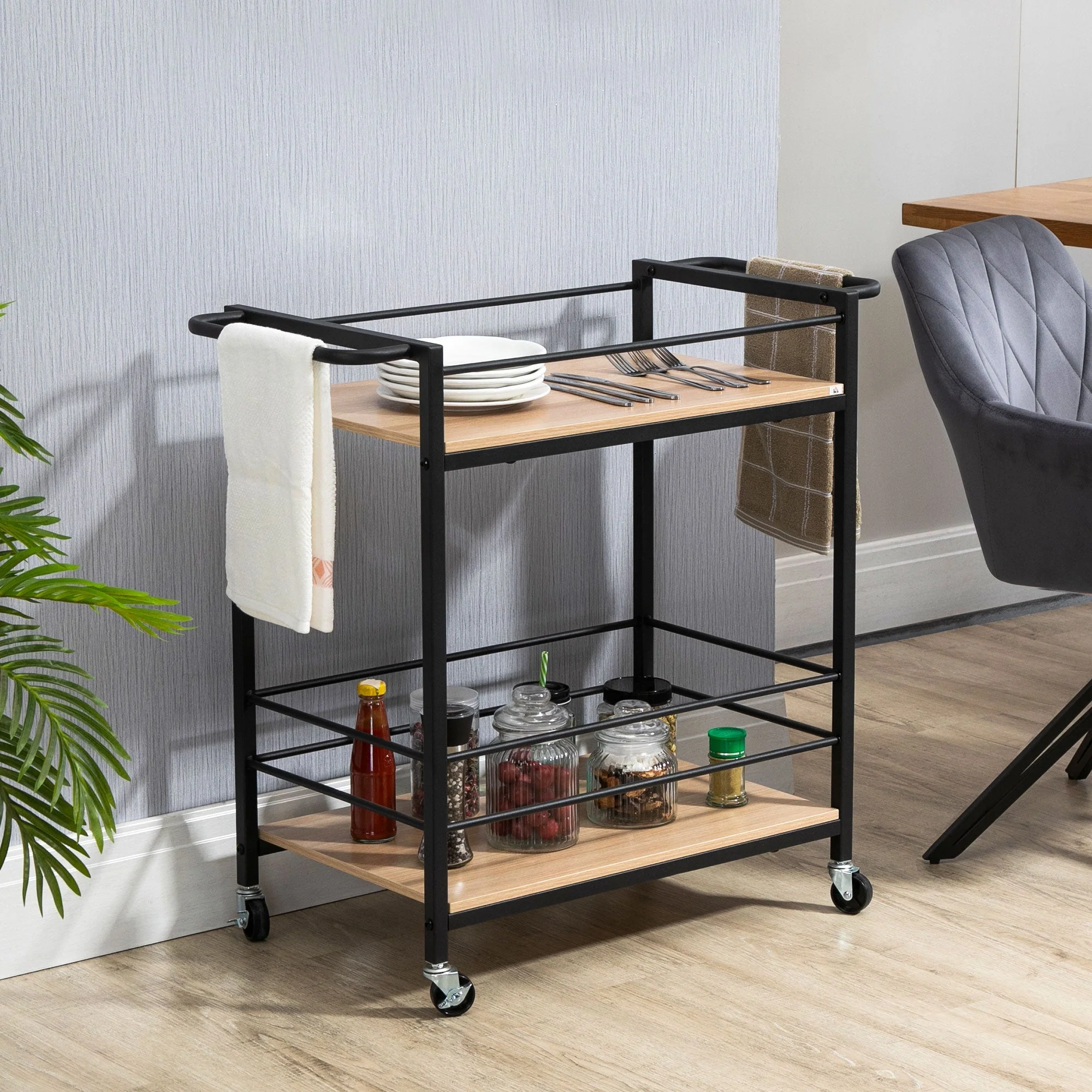 Serving Trolley, 2 Levels with Handle, Casters, Brakes, Wood