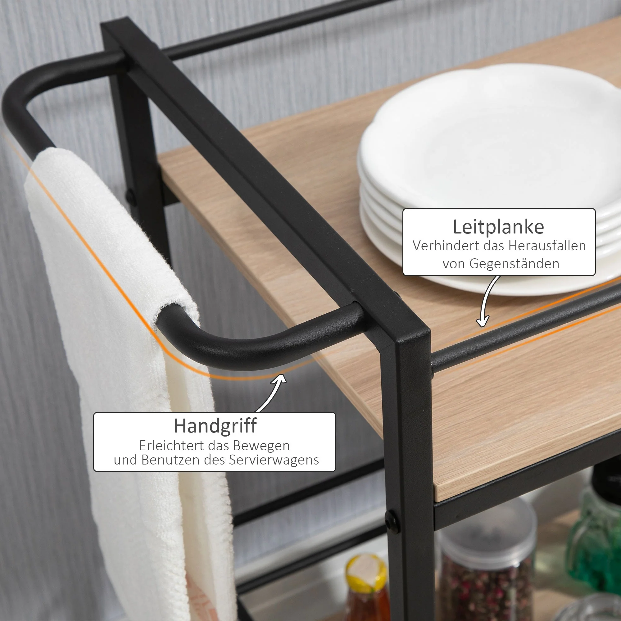 Serving Trolley, 2 Levels with Handle, Casters, Brakes, Wood - Image 5