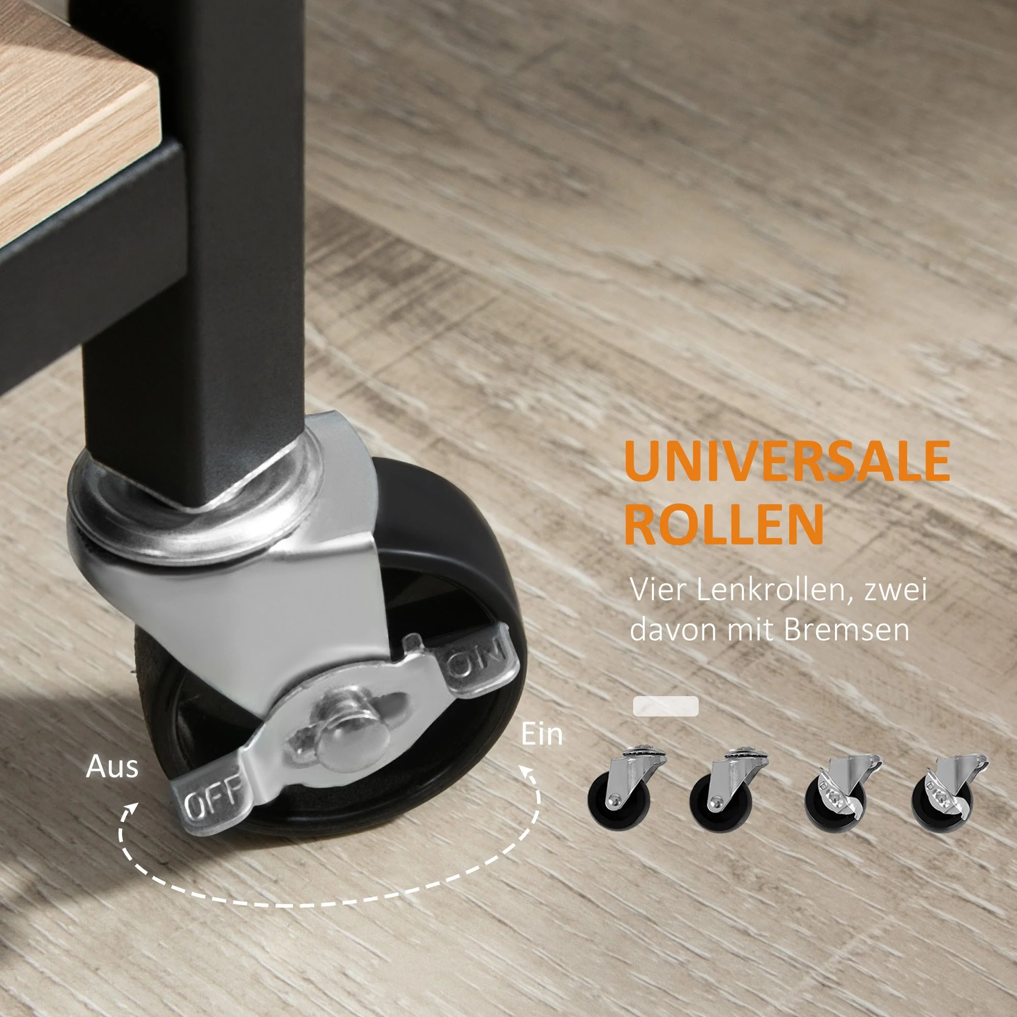 Serving Trolley, 2 Levels with Handle, Casters, Brakes, Wood - Image 6
