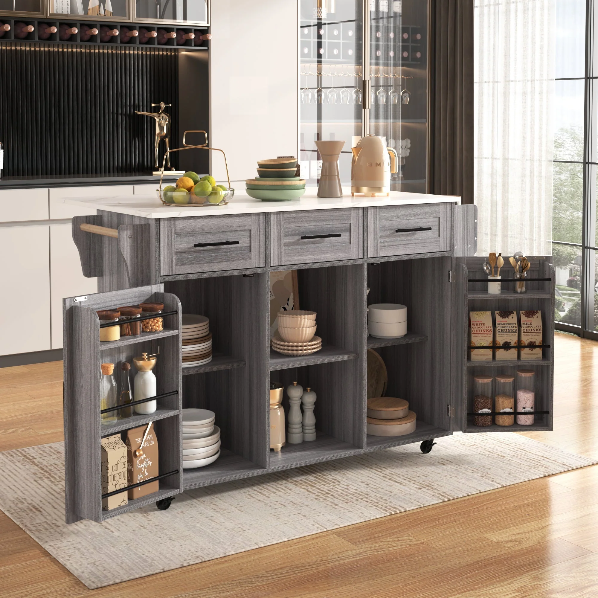 Serving Trolley Side Cabinet 139cm Folding Worktop Storage Doors Grey/White Veneer - Image 2