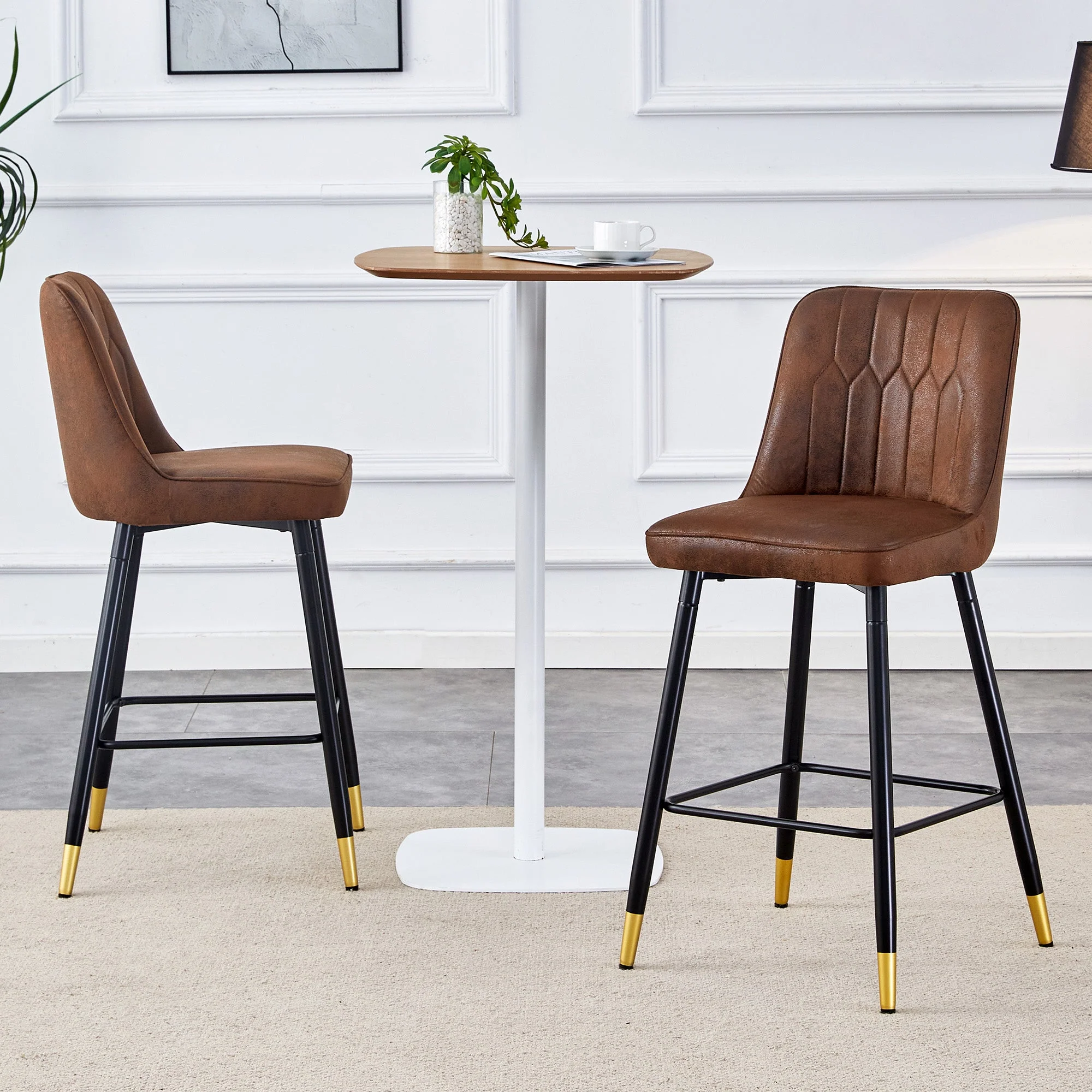 Set of 2 Bar Stools 100cm Black Metal Frame Footrest - Brown Tech Fabric - Image 3