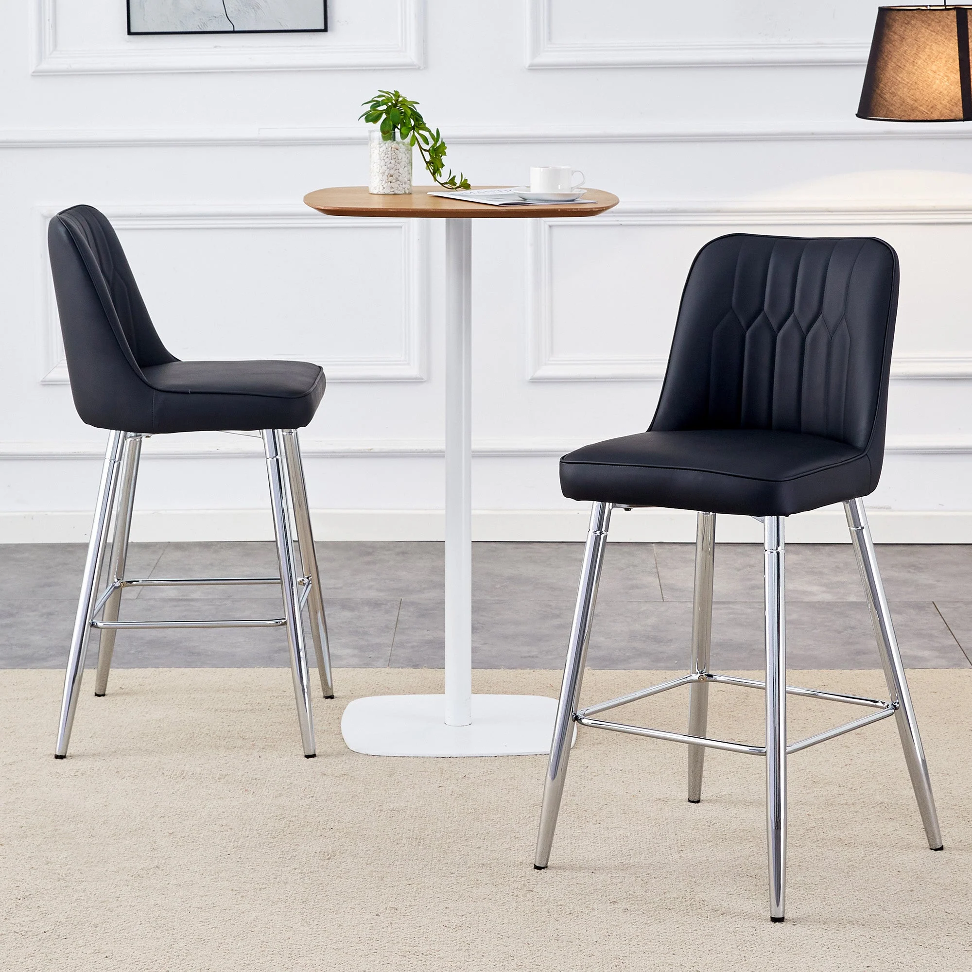 Set of 2 Bar Stools 100cm High Footrest Silver Metal Frame - Black PU Leather - Image 3