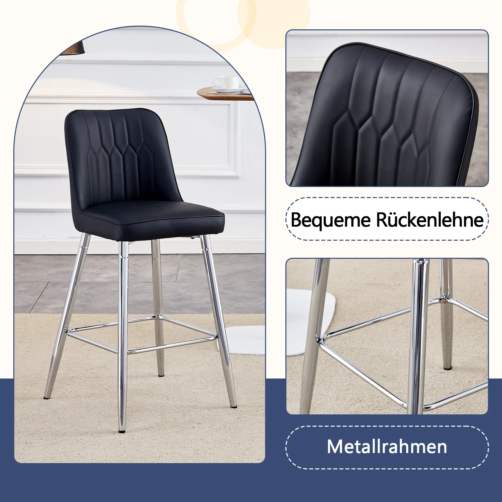 Set of 2 Bar Stools 100cm High Footrest Silver Metal Frame - Black PU Leather - Image 6