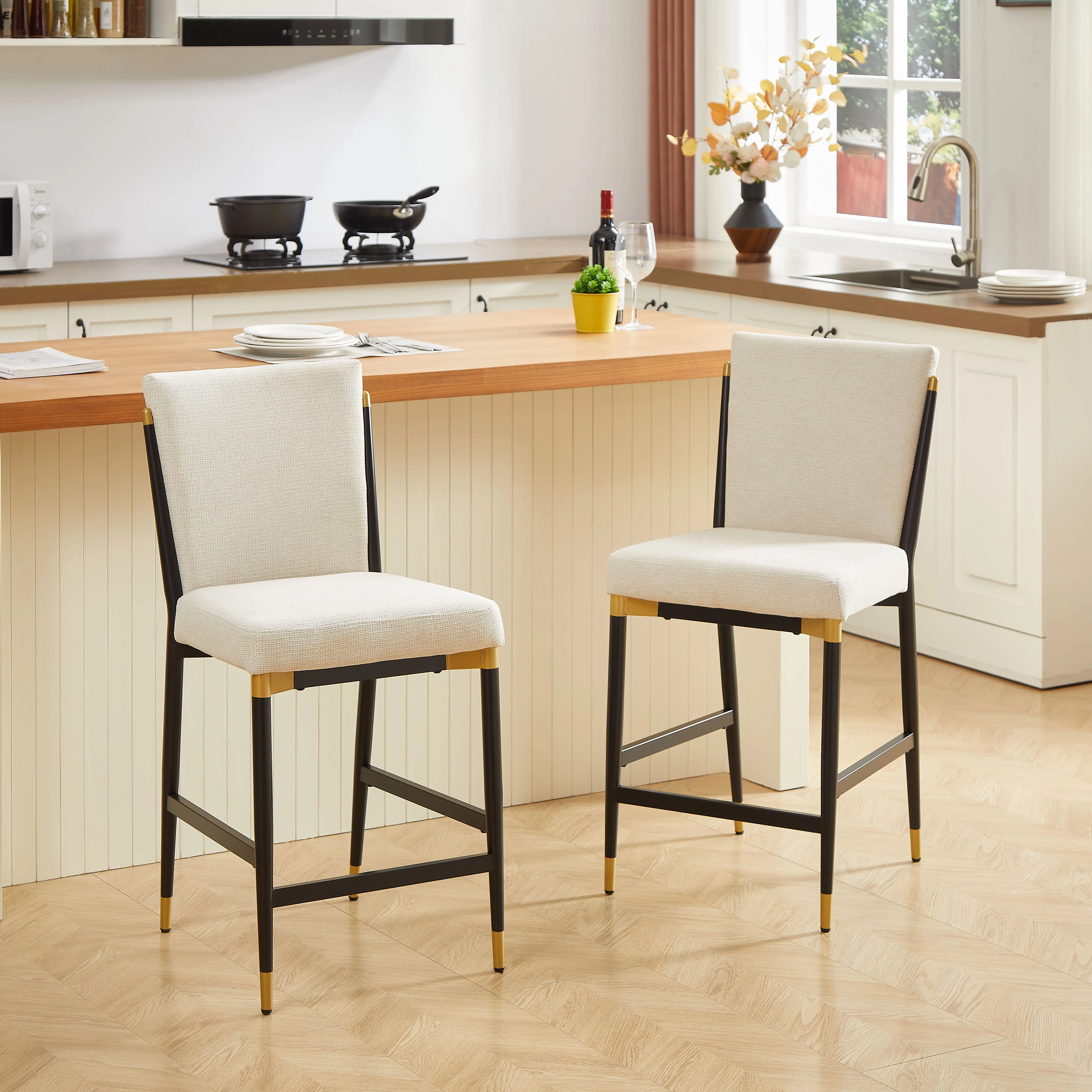 Set of 2 Bar Stools Counter Height Scandinavian Footrest - Cream Fabric/Black Gold