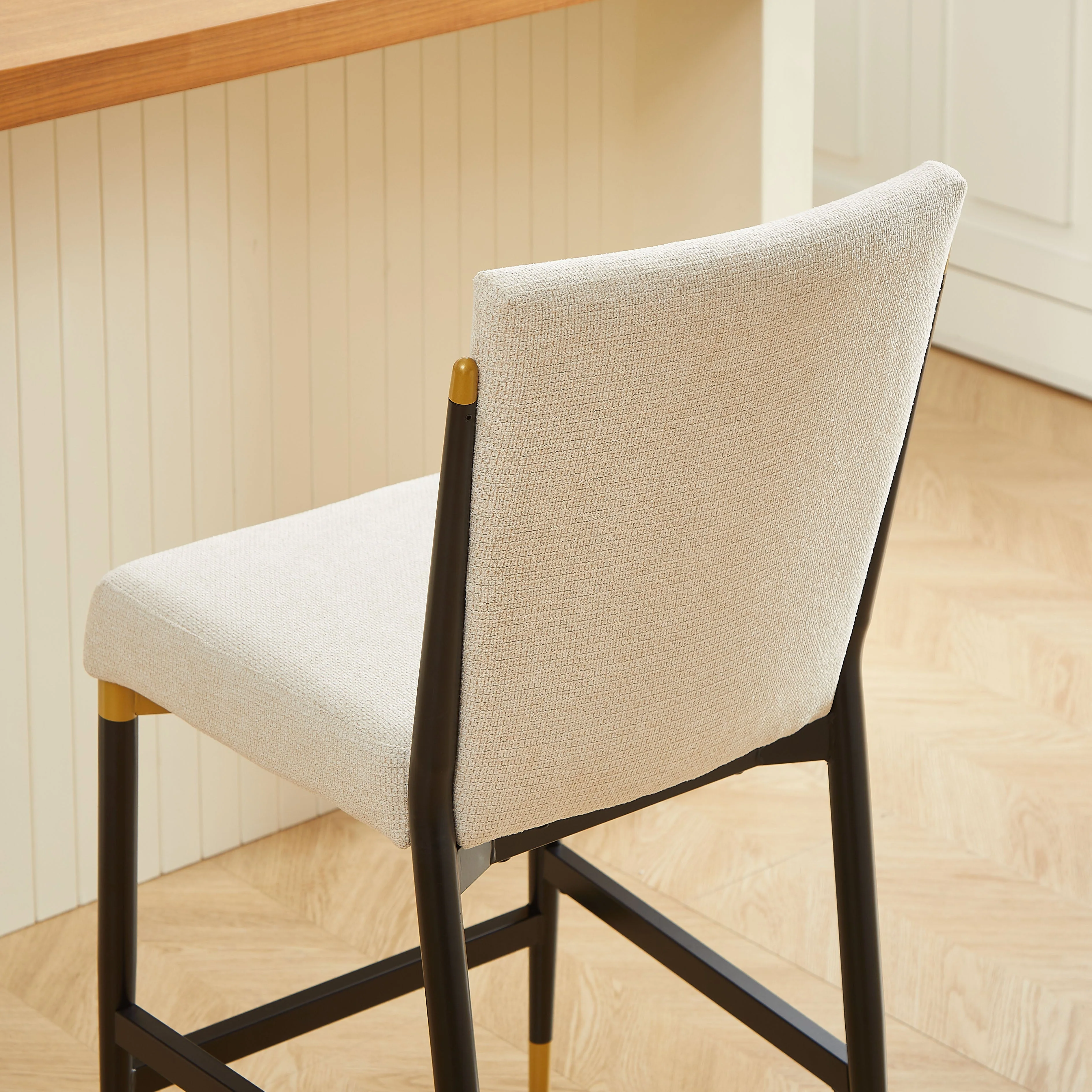 Set of 2 Bar Stools Counter Height Scandinavian Footrest - Cream Fabric/Black Gold - Image 2