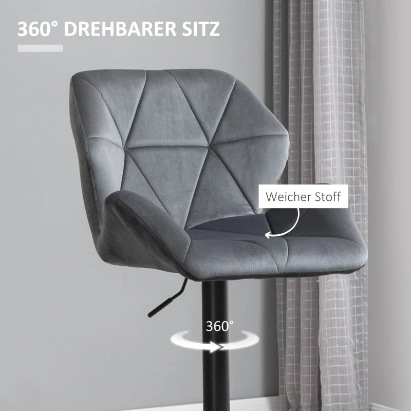 Set of 2 Bar Stools Upholstered Height Adjustable 360° Swivel Backrest - Velvet Look - Image 7