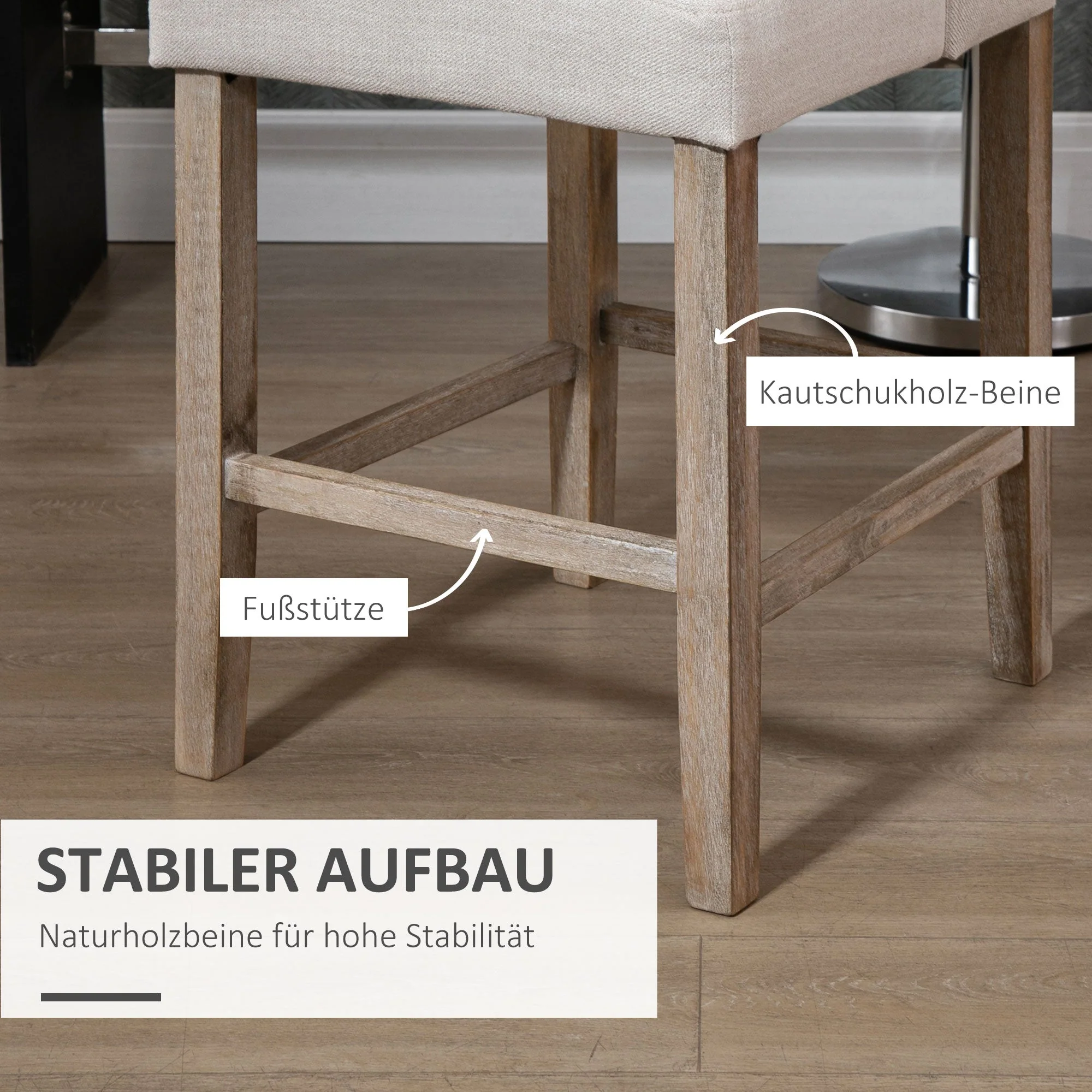 Set of 2 Bar Stools with Backrest, Solid Wood, Grey + Natural - Image 5