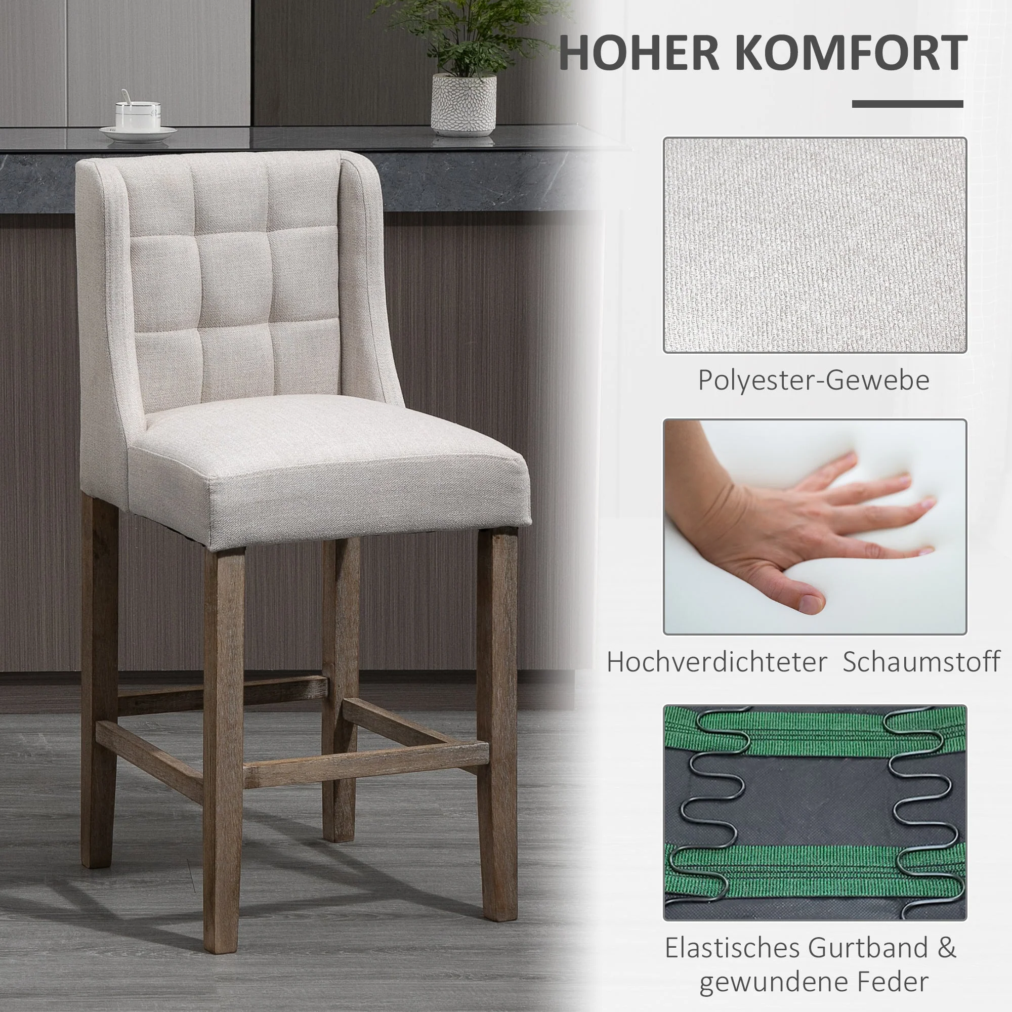 Set of 2 Bar Stools with Backrest, Solid Wood, Grey + Natural - Image 6