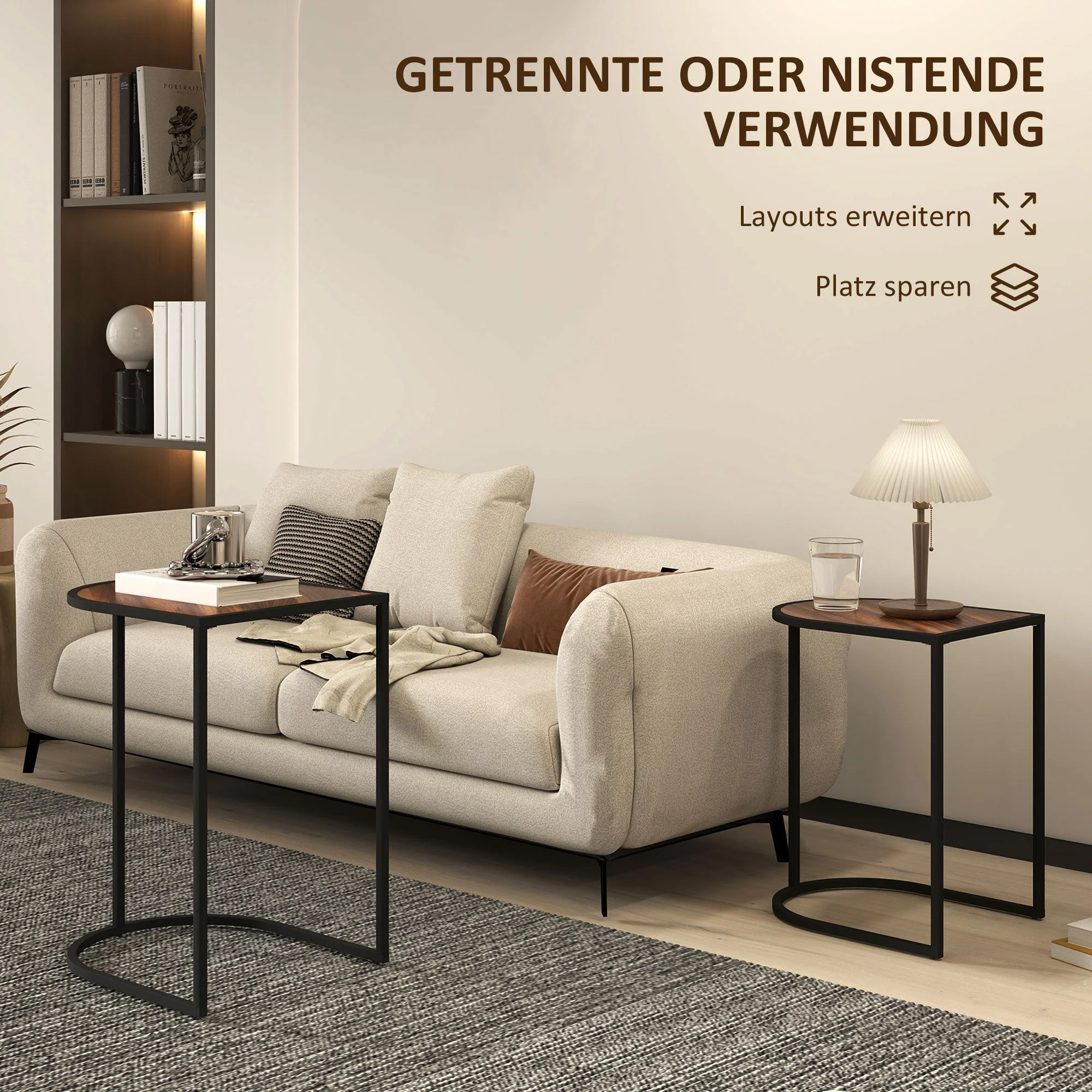 Set of 2 Coffee Tables, Square Stackable Side Tables, Steel, Brown + Black - Image 4