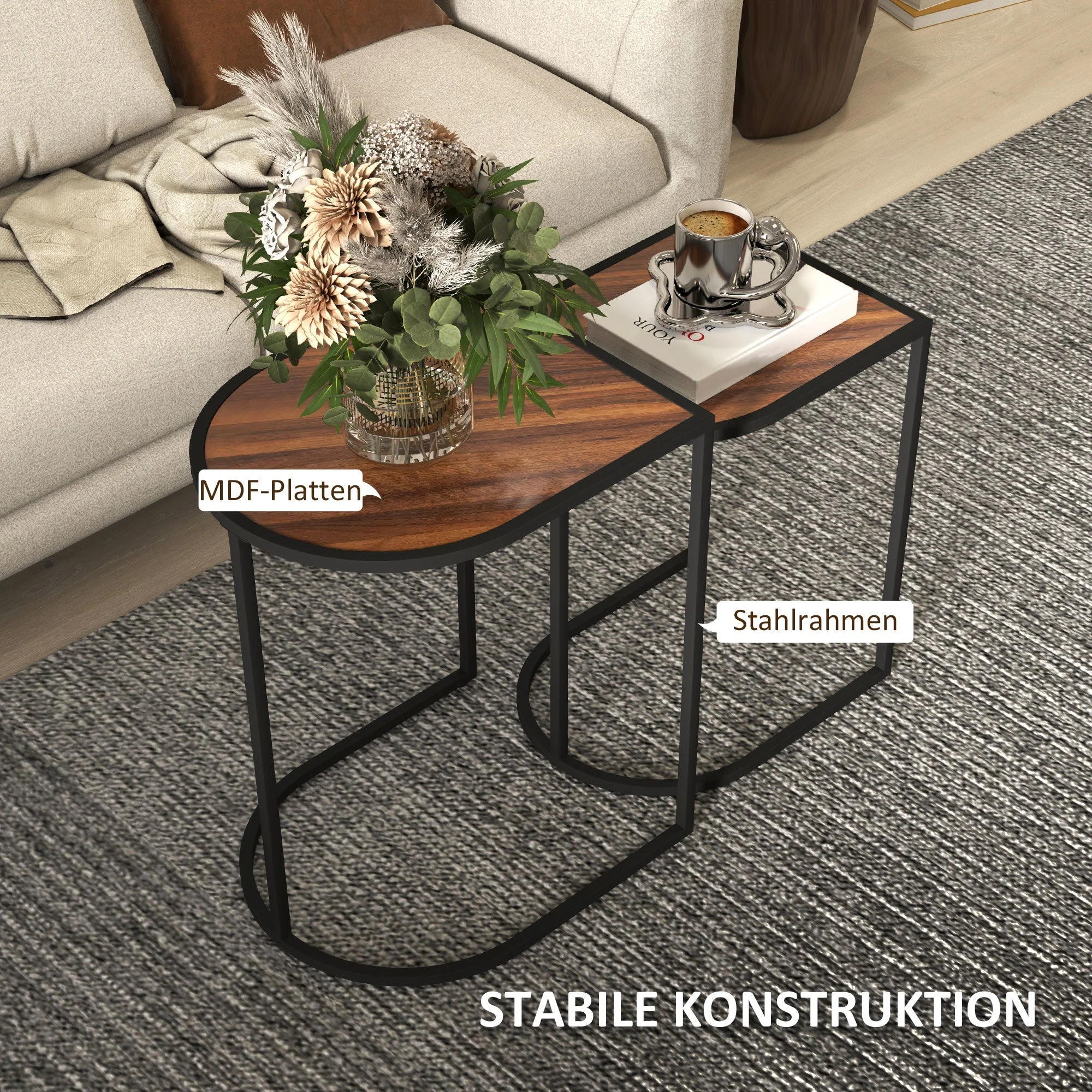 Set of 2 Coffee Tables, Square Stackable Side Tables, Steel, Brown + Black - Image 5