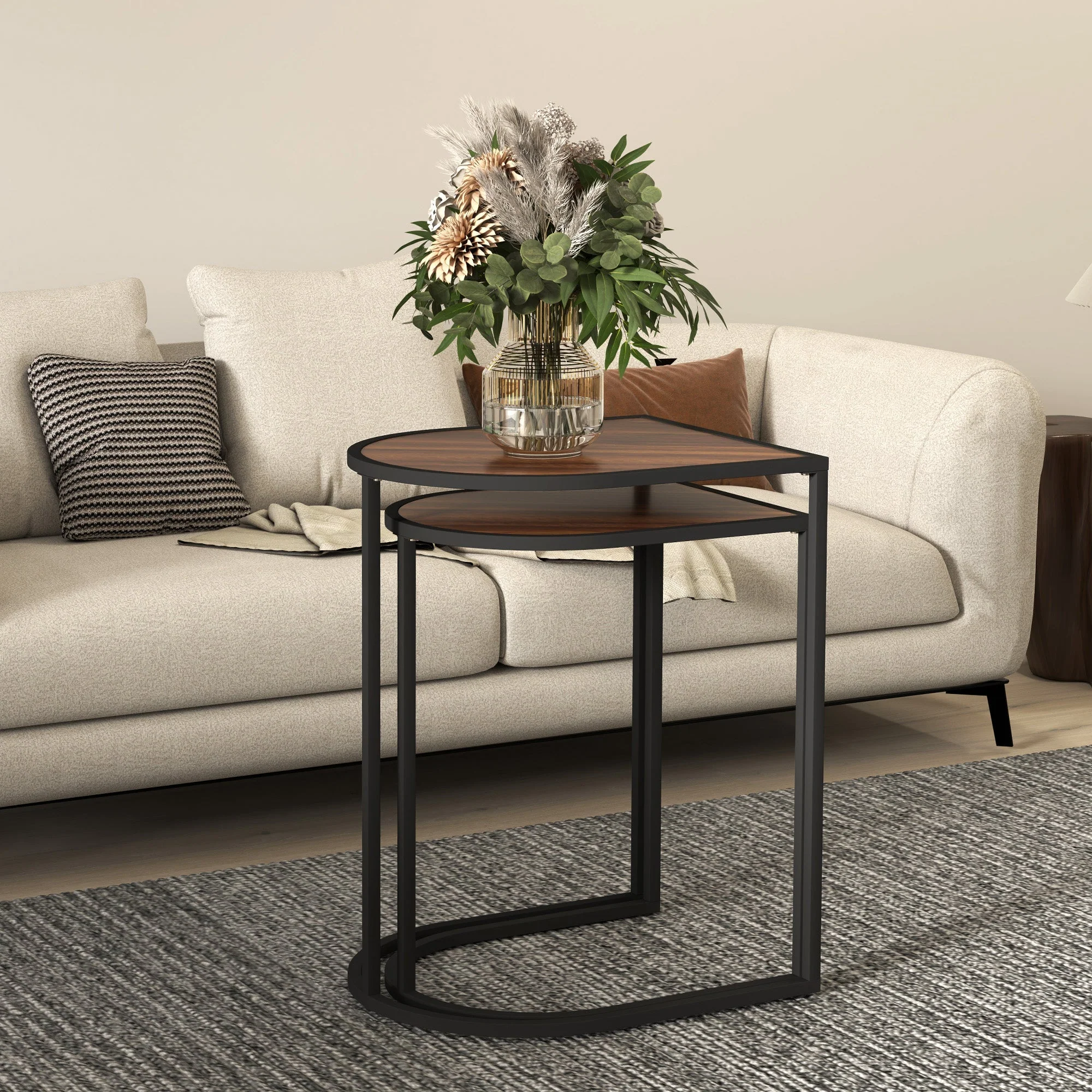 Set of 2 Coffee Tables, Square Stackable Side Tables, Steel, Brown + Black - Image 7