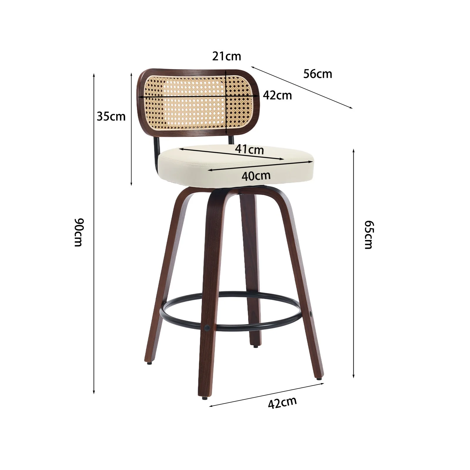 Set of 2 Counter Height Bar Stools, 26 Inch Swivel Rattan Cane Back with Upholstered Seat, Walnut and Beige - Image 8