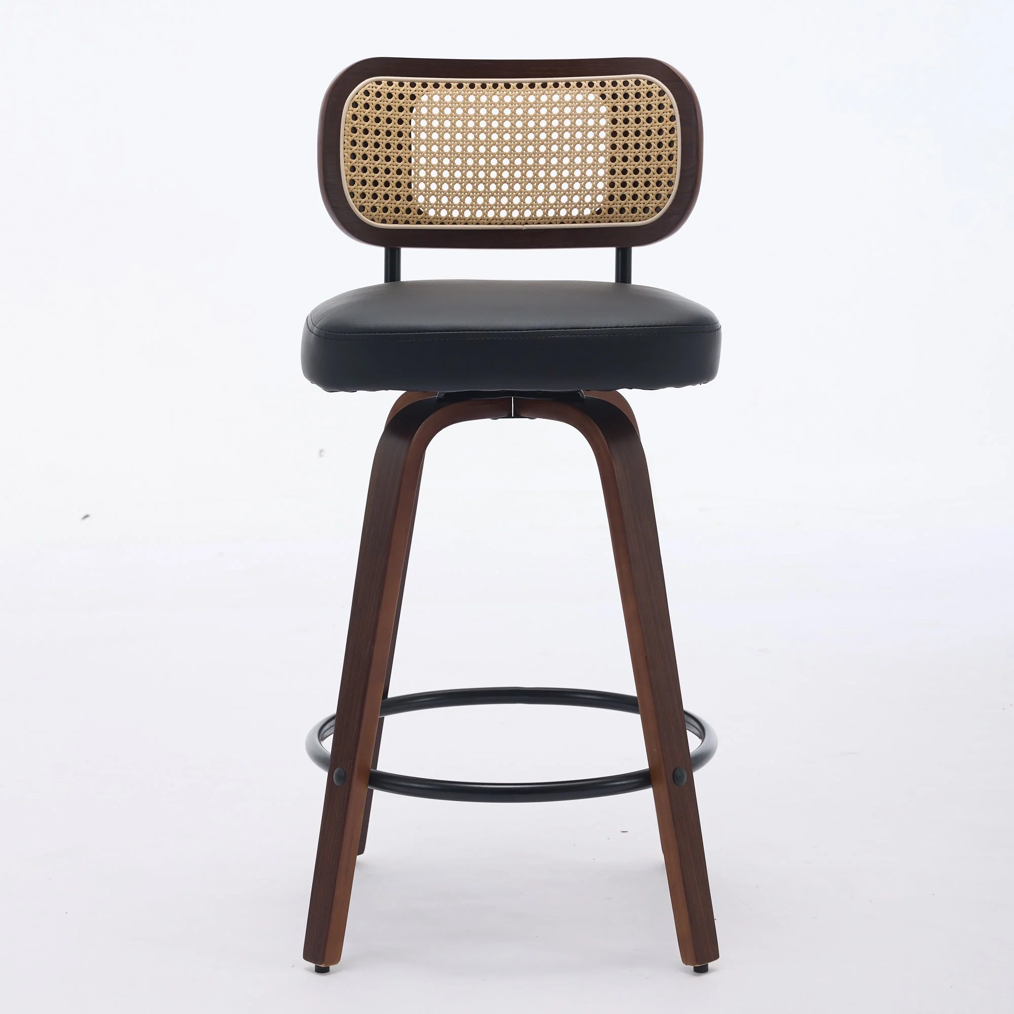 Set of 2 Counter Height Bar Stools with Swivel and Rattan Cane Back, Walnut Black - Image 2
